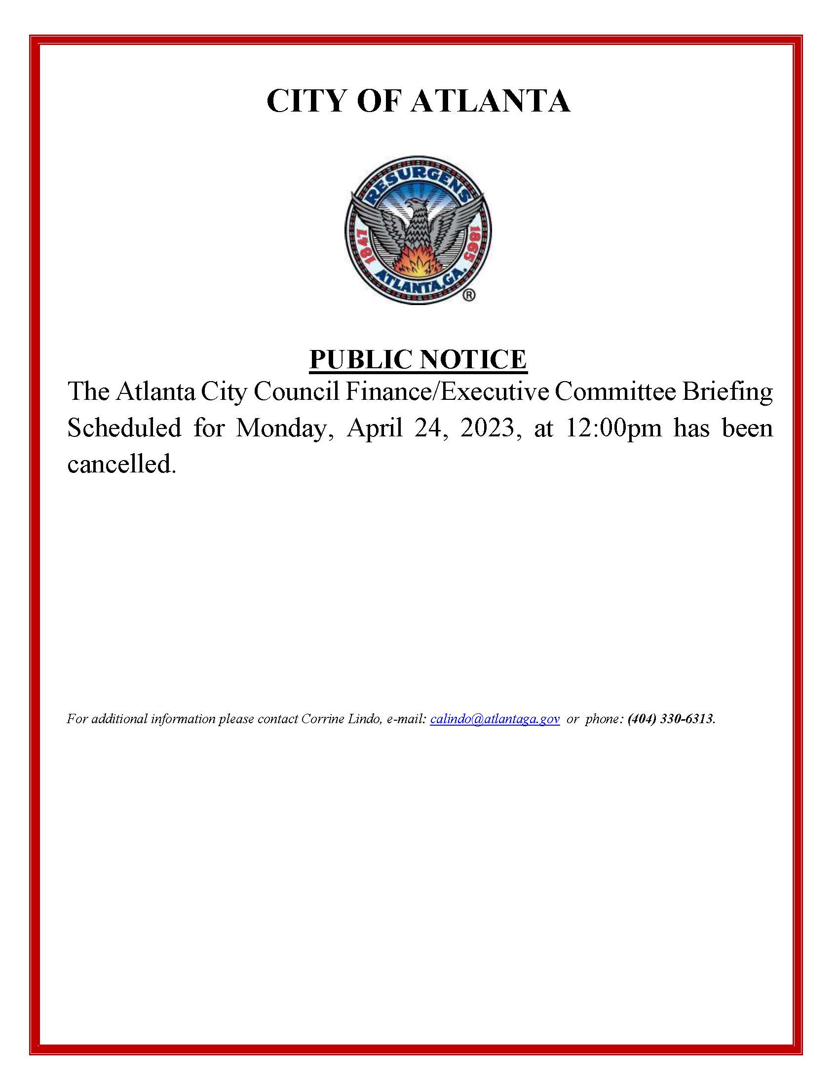 Finance Committee Briefing Cancellation -Monday April 24 2023