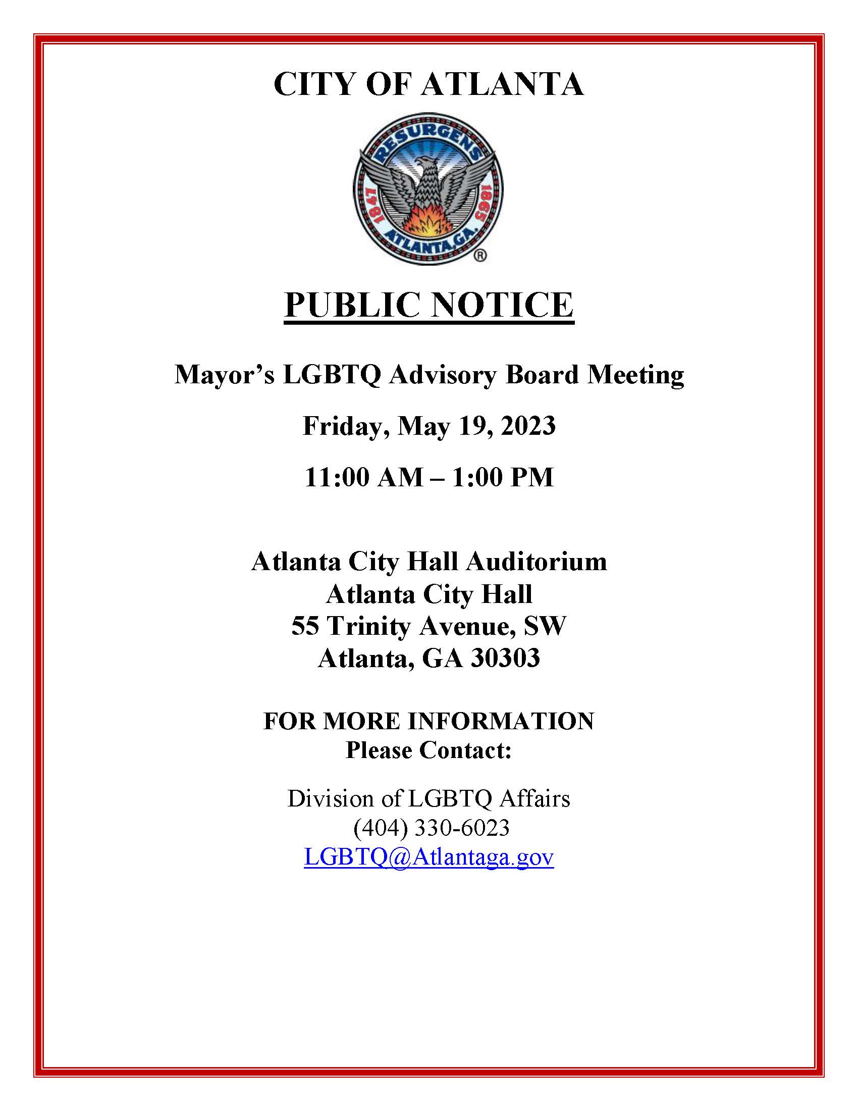 Public Notice May 19 LGBTQ Advisory Board Meeting