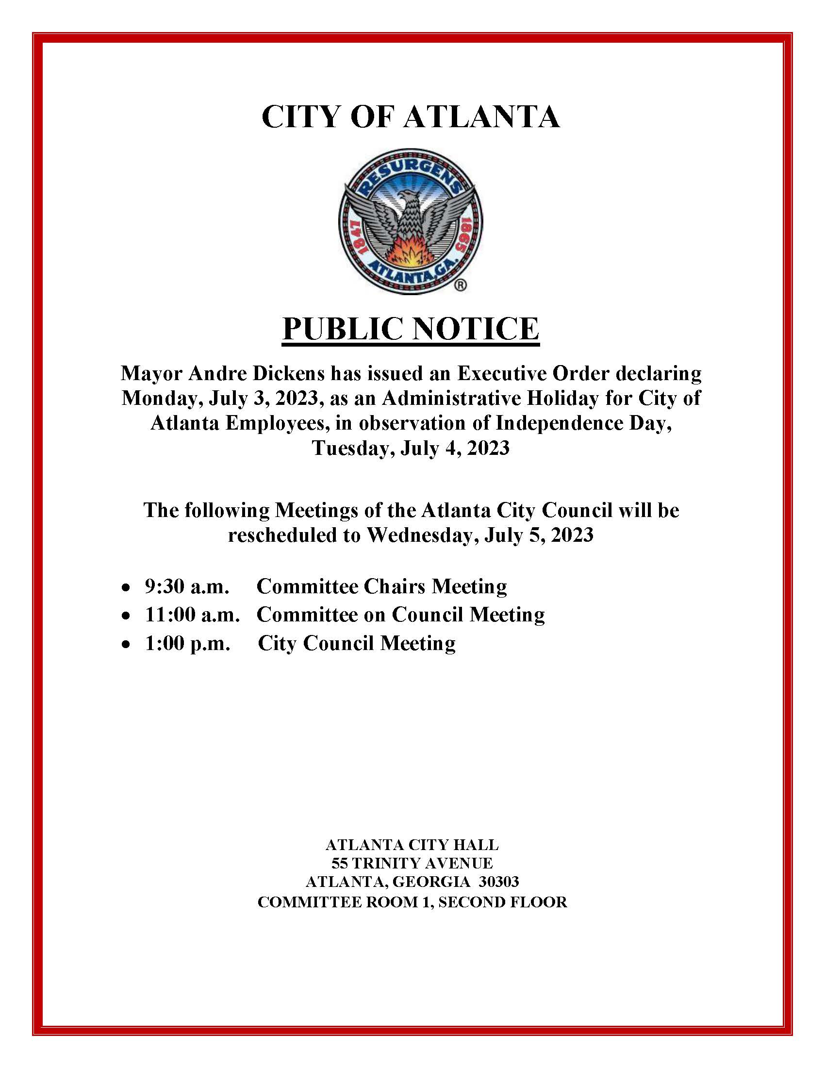 Public Notice - Monday July 5.Rescheduled Council Meeting