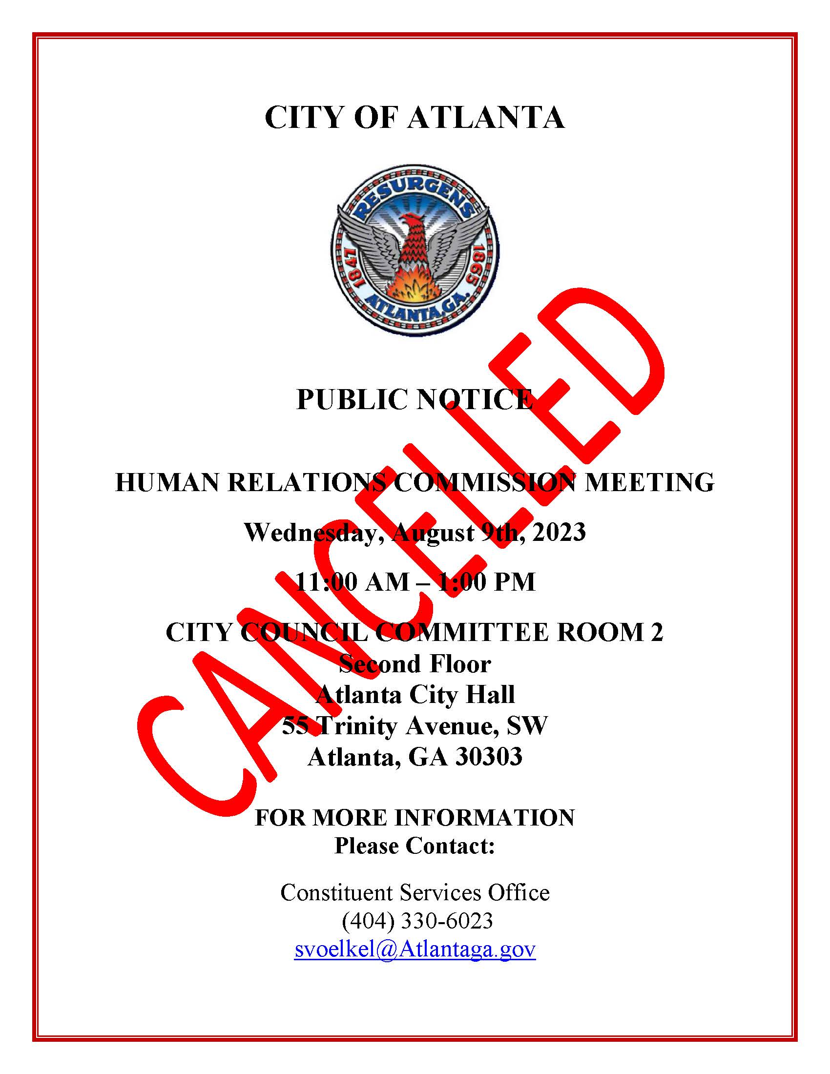 CANCELLED Public Notice HRC Meeting August 9th 2023