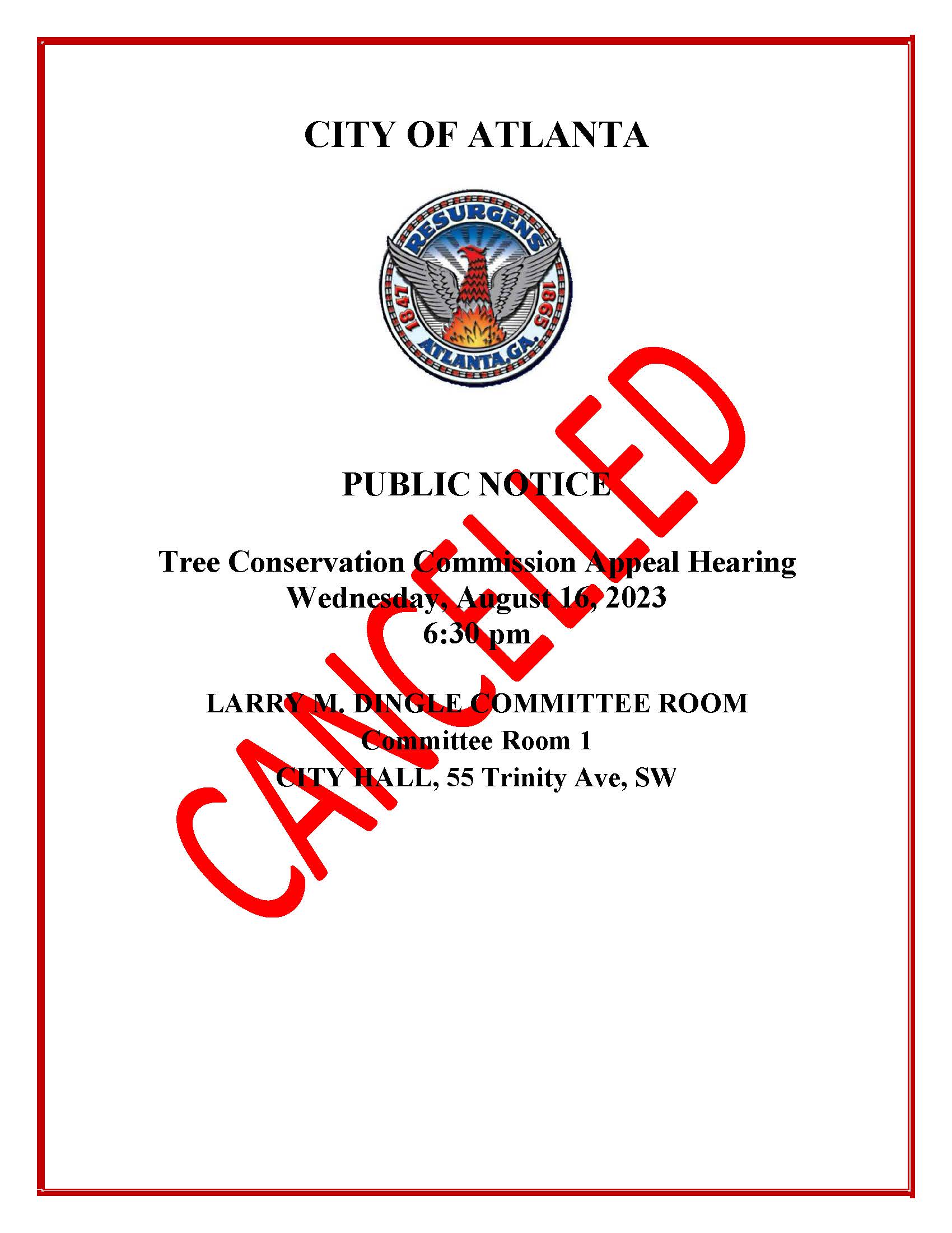 Cancelled Public Notice Tree Conservation Commission Hearing August 16 2023