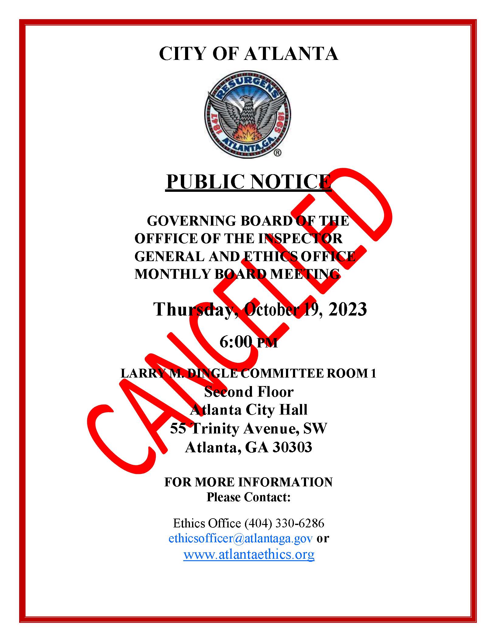 Cancelled Monthly Board Meeting Public Notice_101923