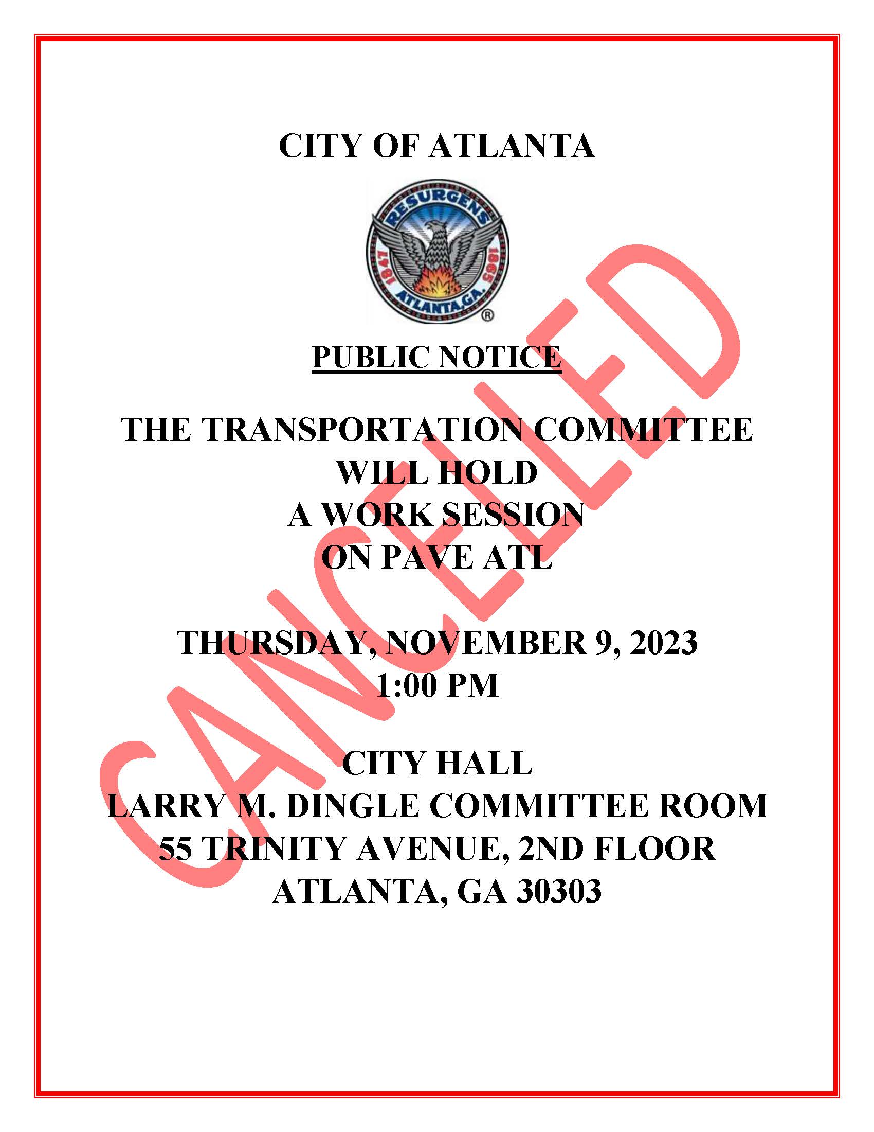 CANCELLED PAVE ATL Work Session Public Notice 11.09.2023