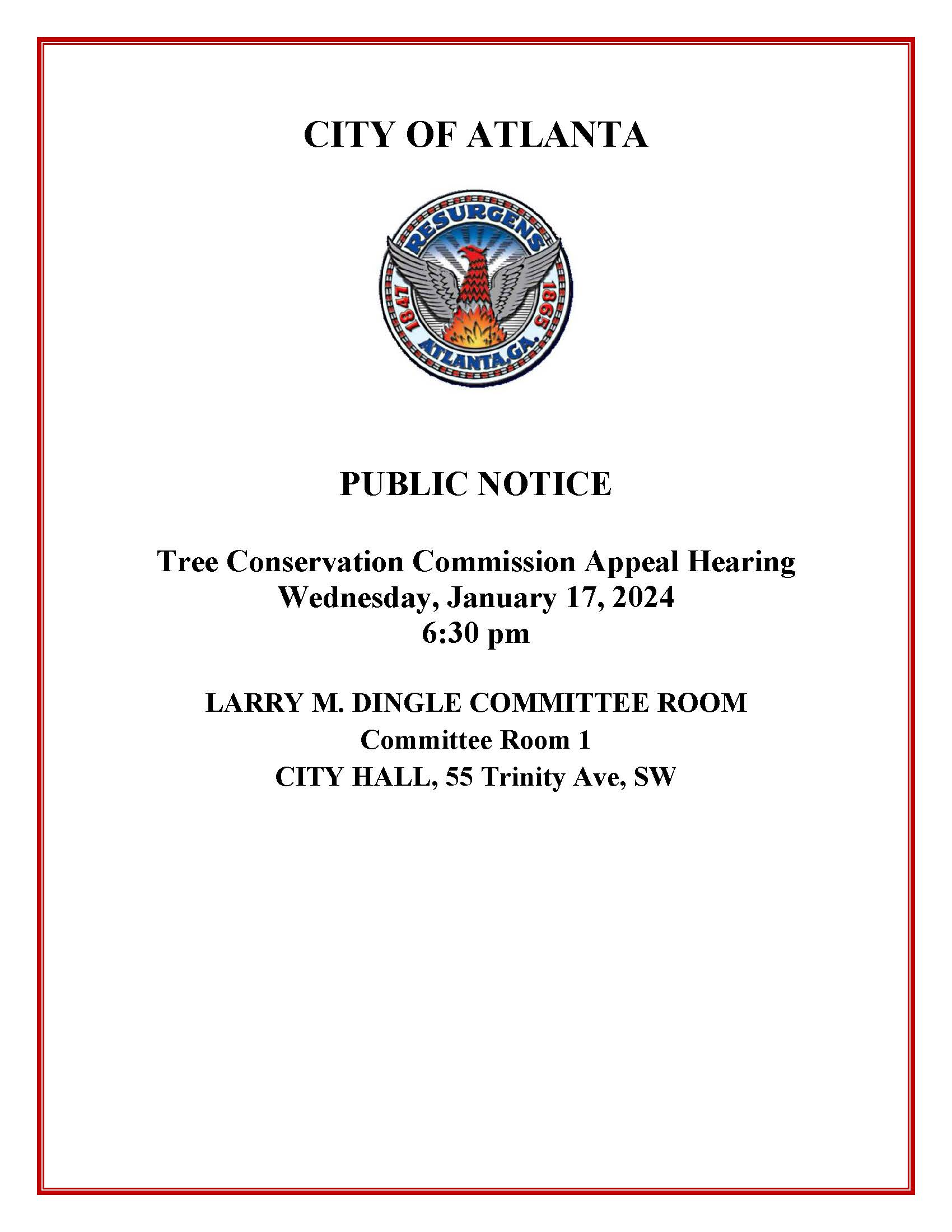 Public Notice Tree Conservation Commission Hearing January 17 2024