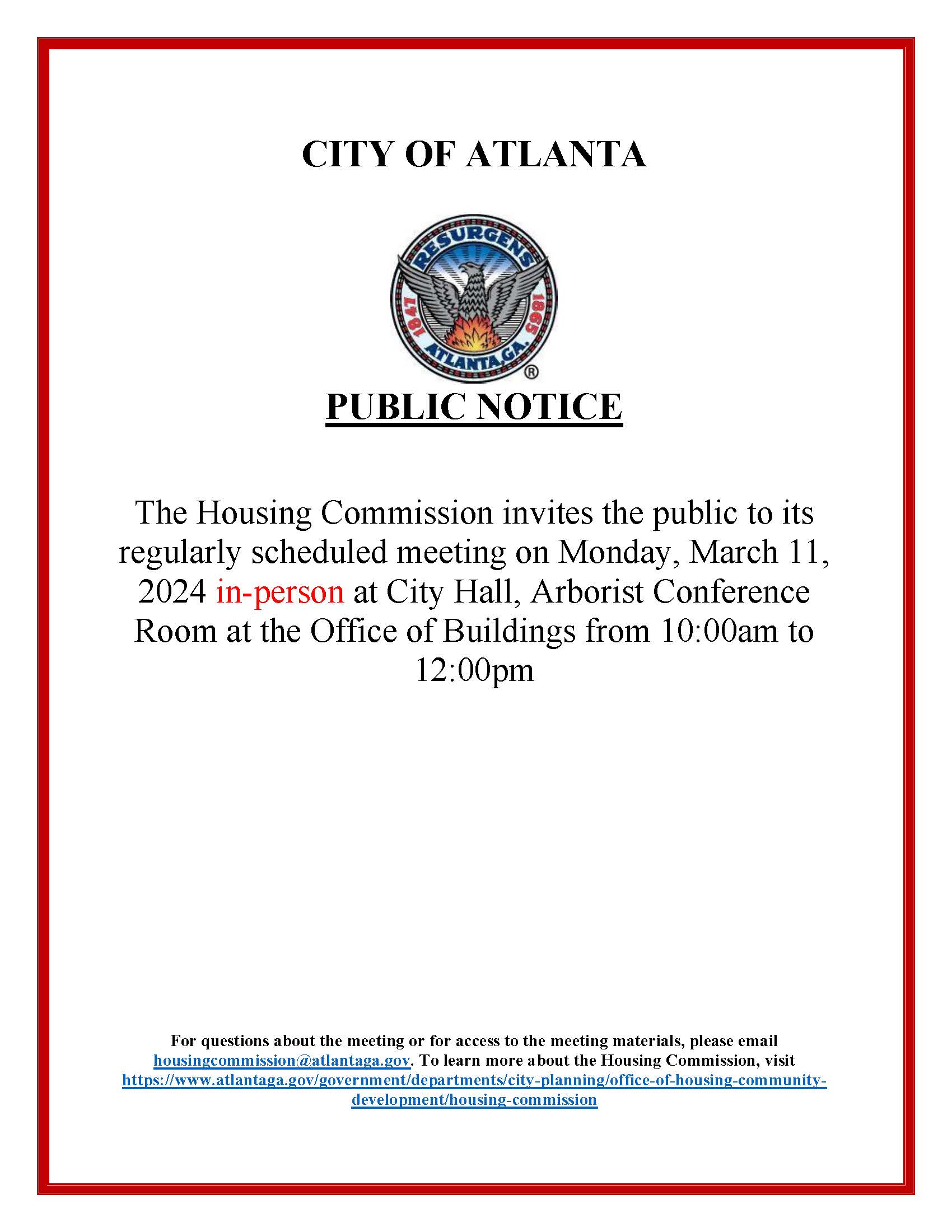 Housing Commission Meeting Notice March 11 2024