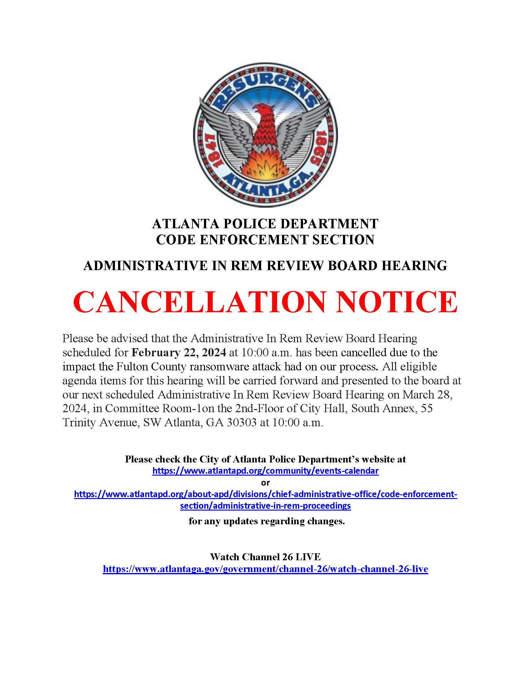 CANCELLATION__Website Publication__Administrative In Rem Hearing__FEBRUARY 2024