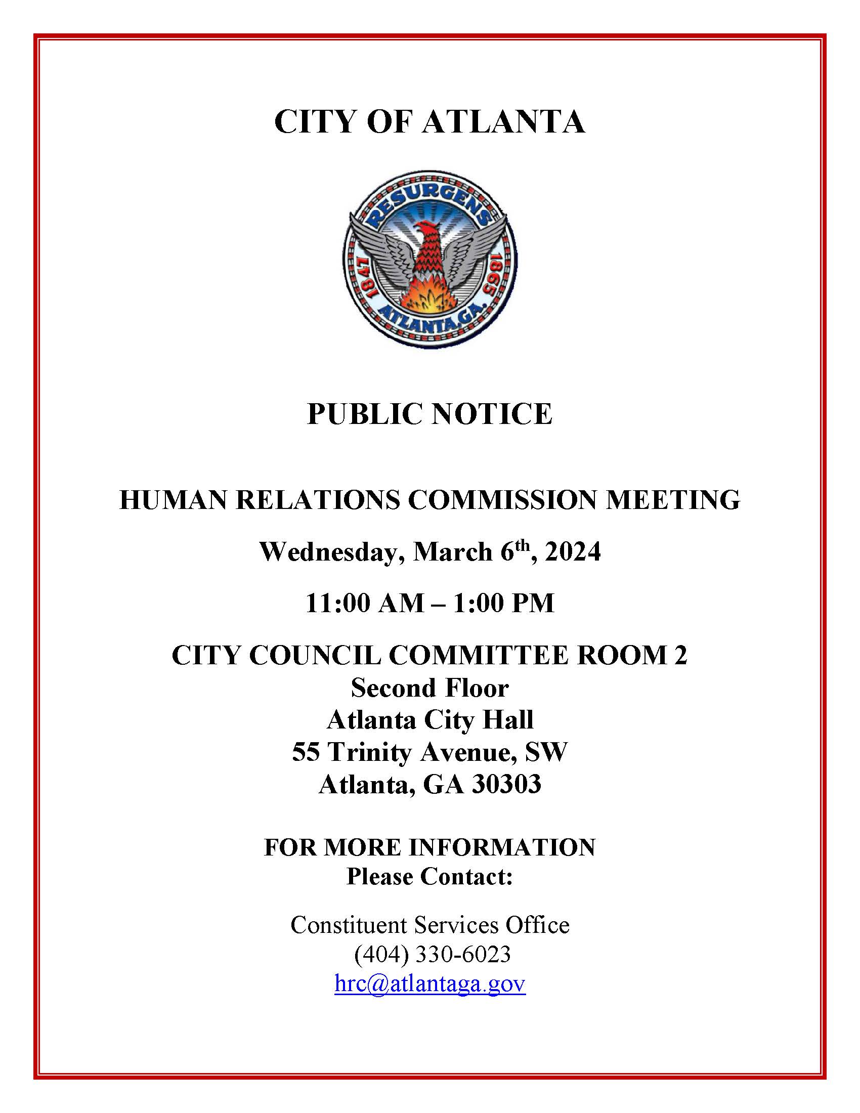 Public Notice HRC Meeting March 6 2024