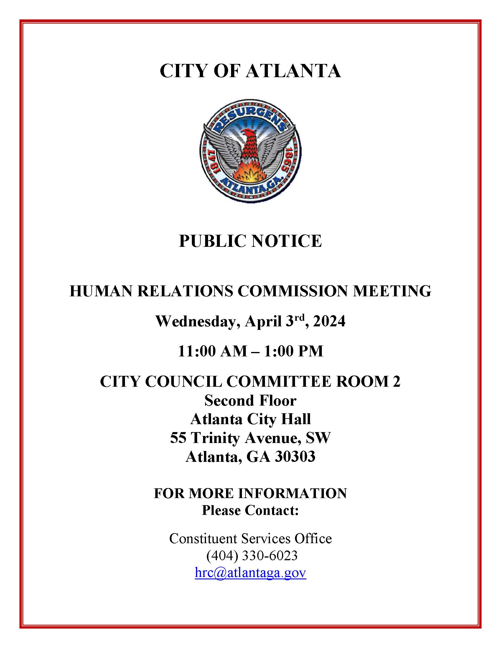 Public Notice HRC Meeting April 3 2024