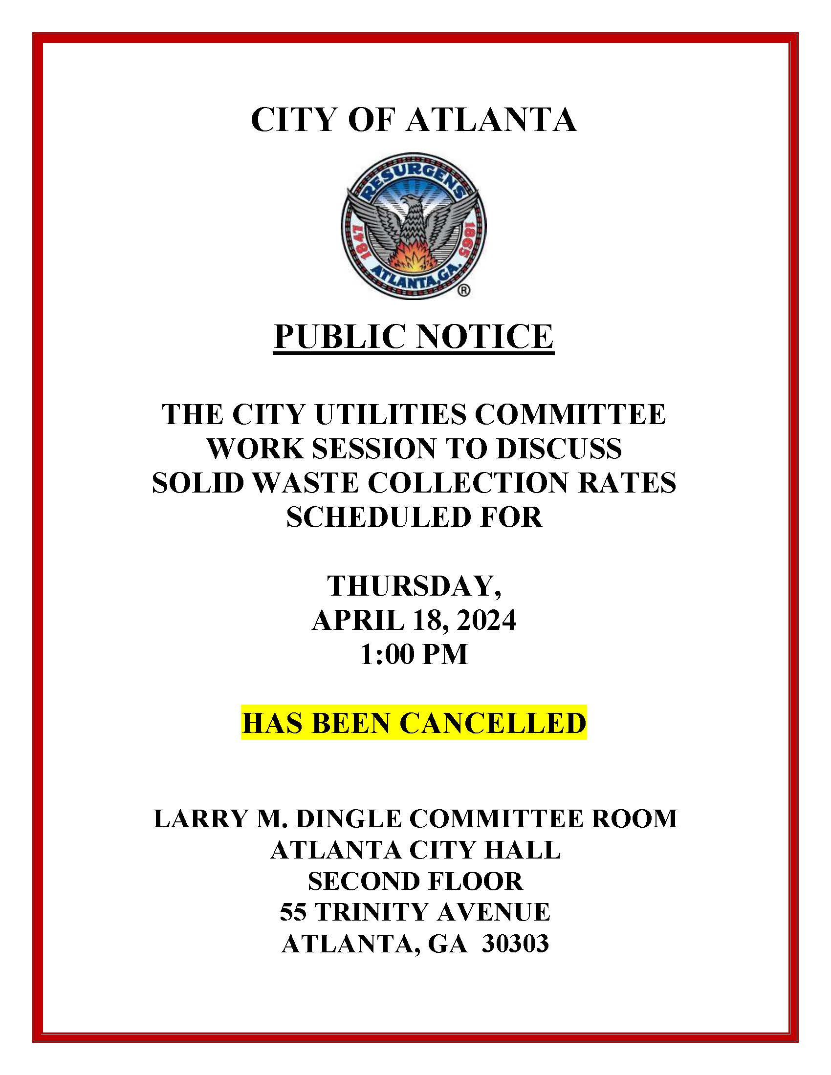 Public Notice - Solid Waste Collection Rates Work Session (Cancelled)