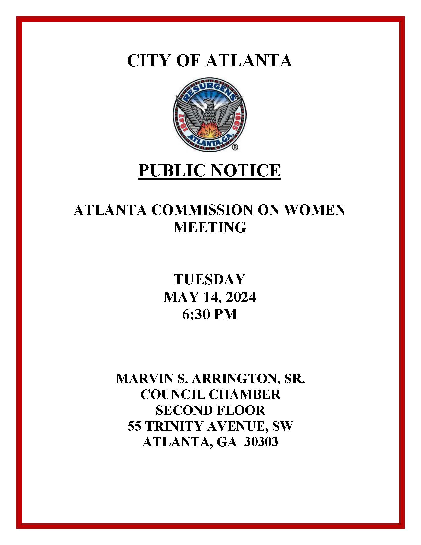 Public Notice - Atlanta Commission on Women Meeting (5.14.24)