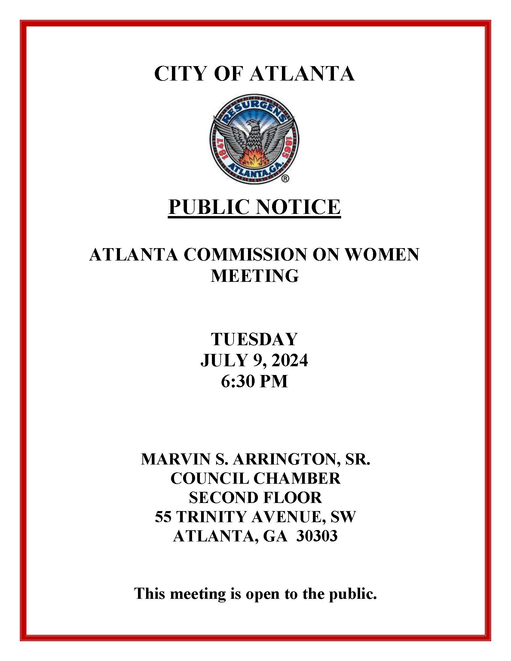 Public Notice - Atlanta Commission on Women Meeting (7.9.24)