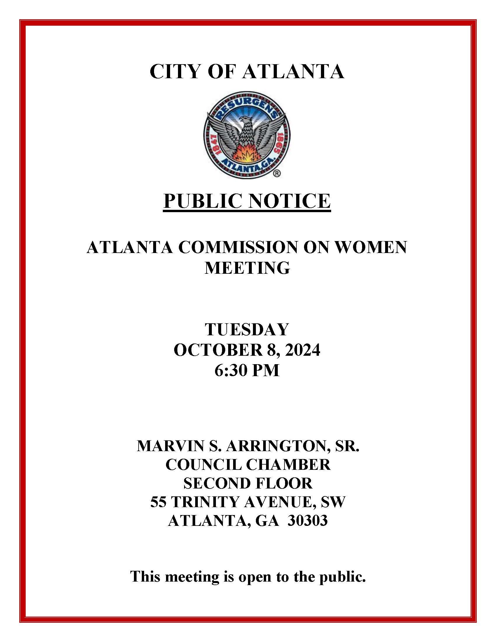 Public Notice - Atlanta Commission on Women Meeting (10.8.24)