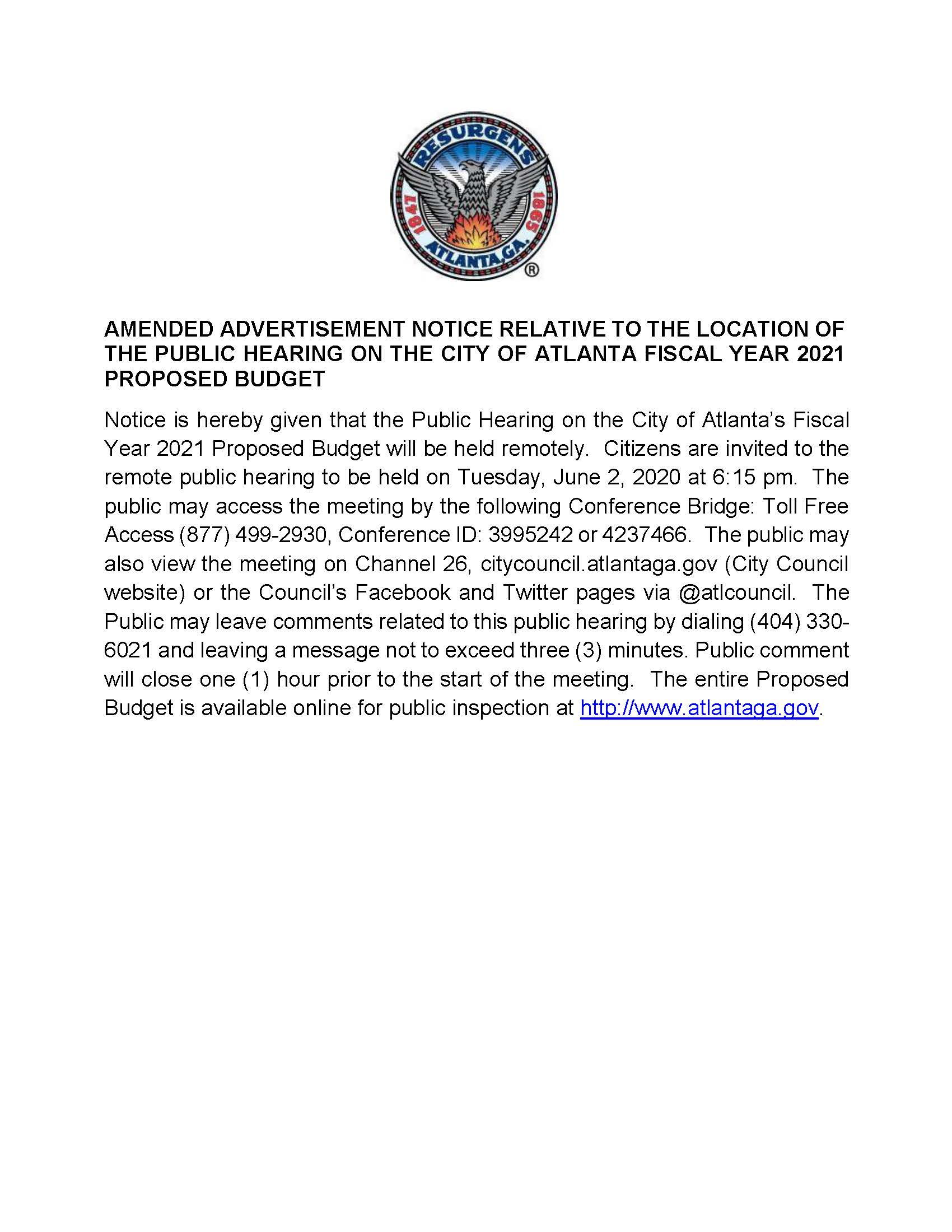 Advertisement_Remote Public Hearing FY2021 Proposed Budget