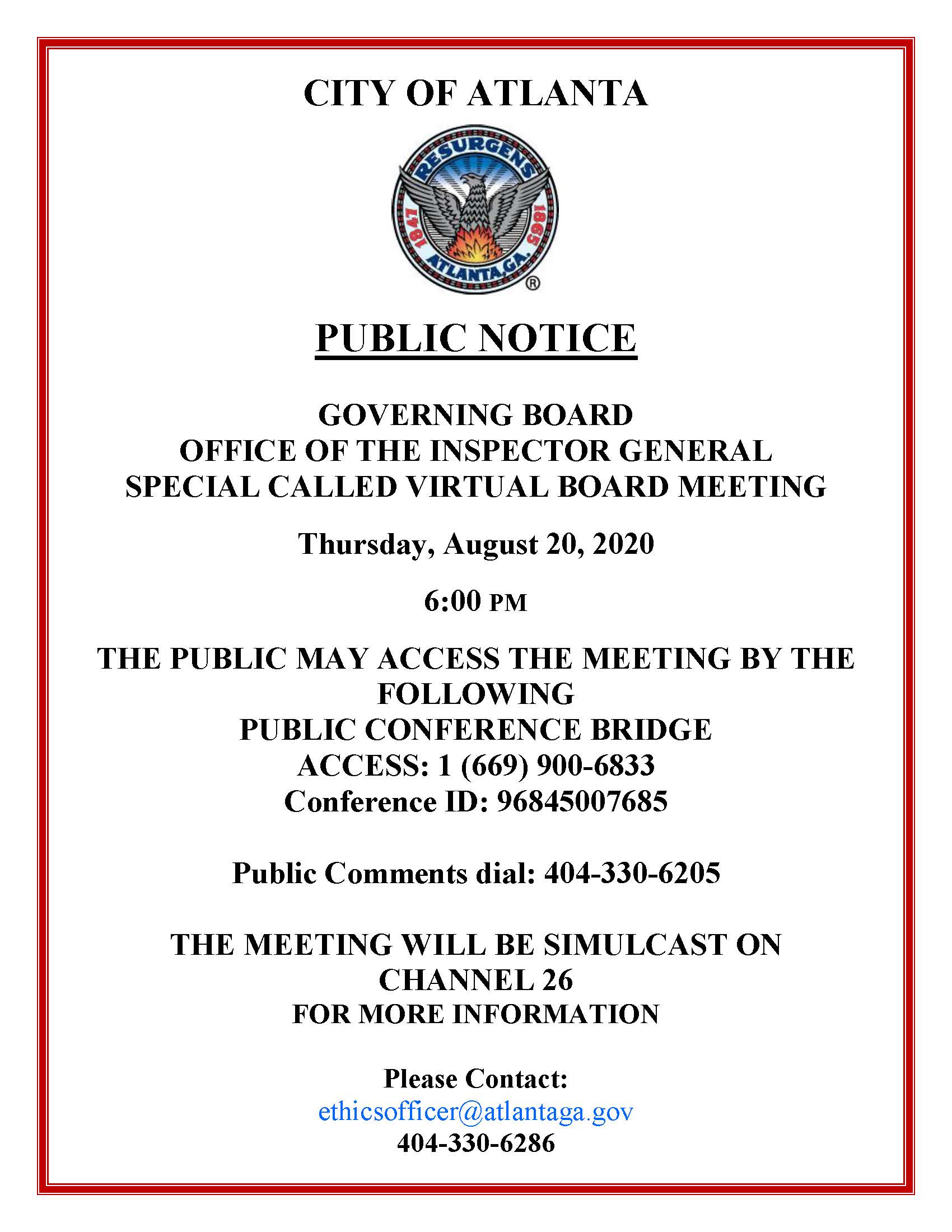 Special Called Virtual Board Meeting Public Notice 082020