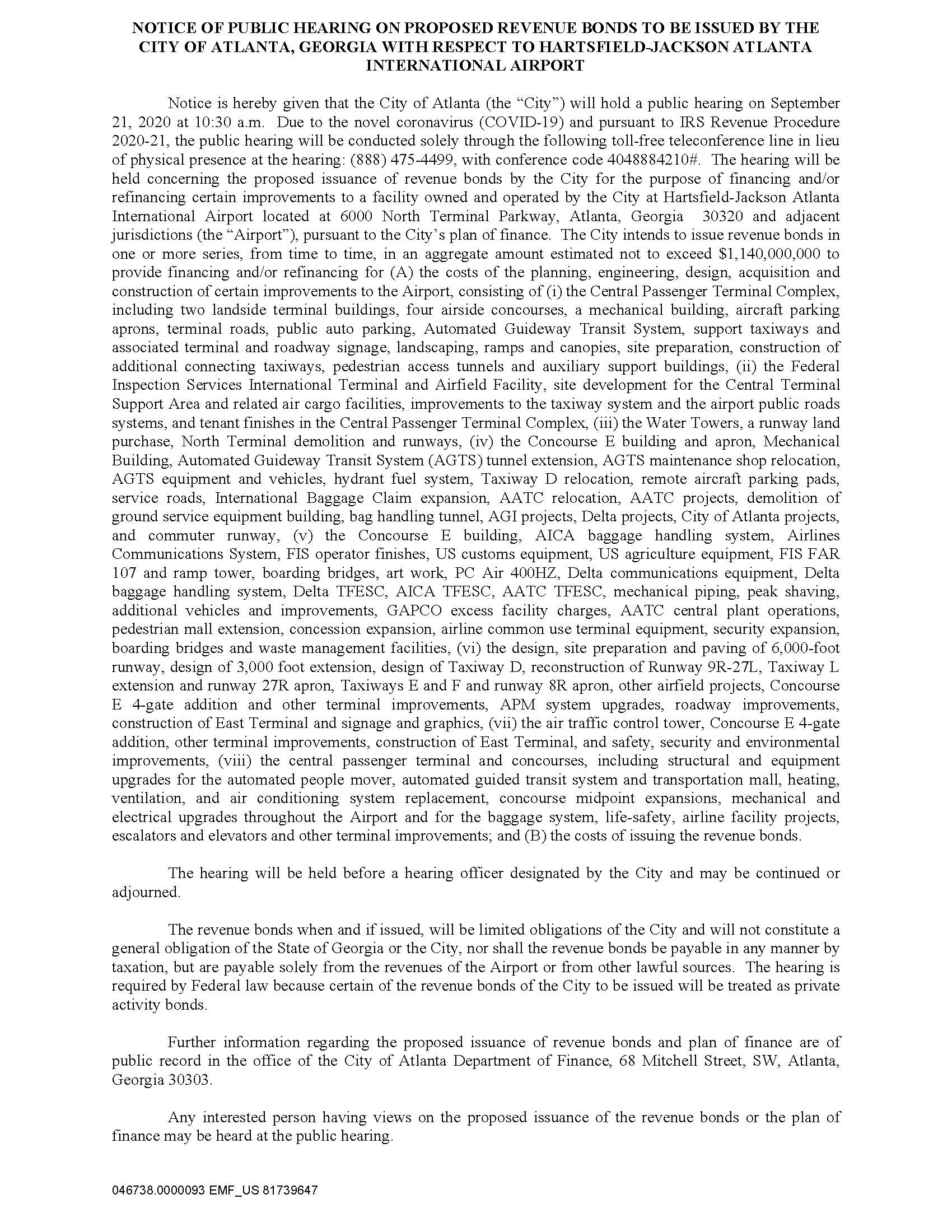 Atlanta Airport Refunding GARB and PFC Bonds, Series 2020 - TEFRA Notice_81739647_1