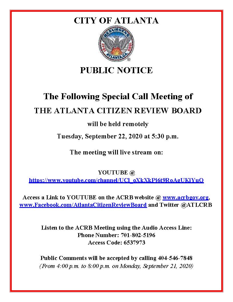 PUBLIC NOTICE - ACRB Special Call Meeting Sept. 22 2020