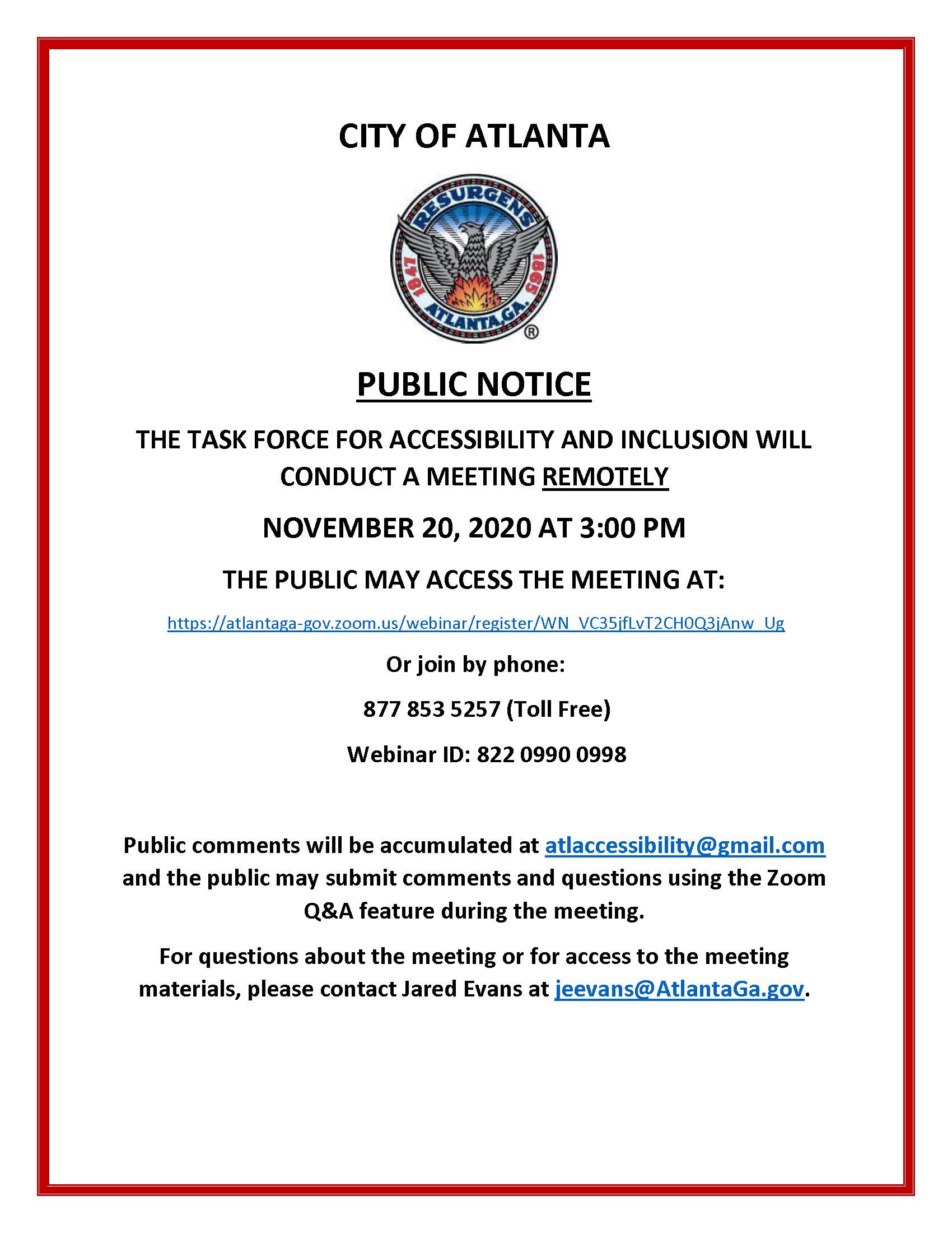 MEETING NOTICE 11-20-20 Accessibility and Inclusion Task Force