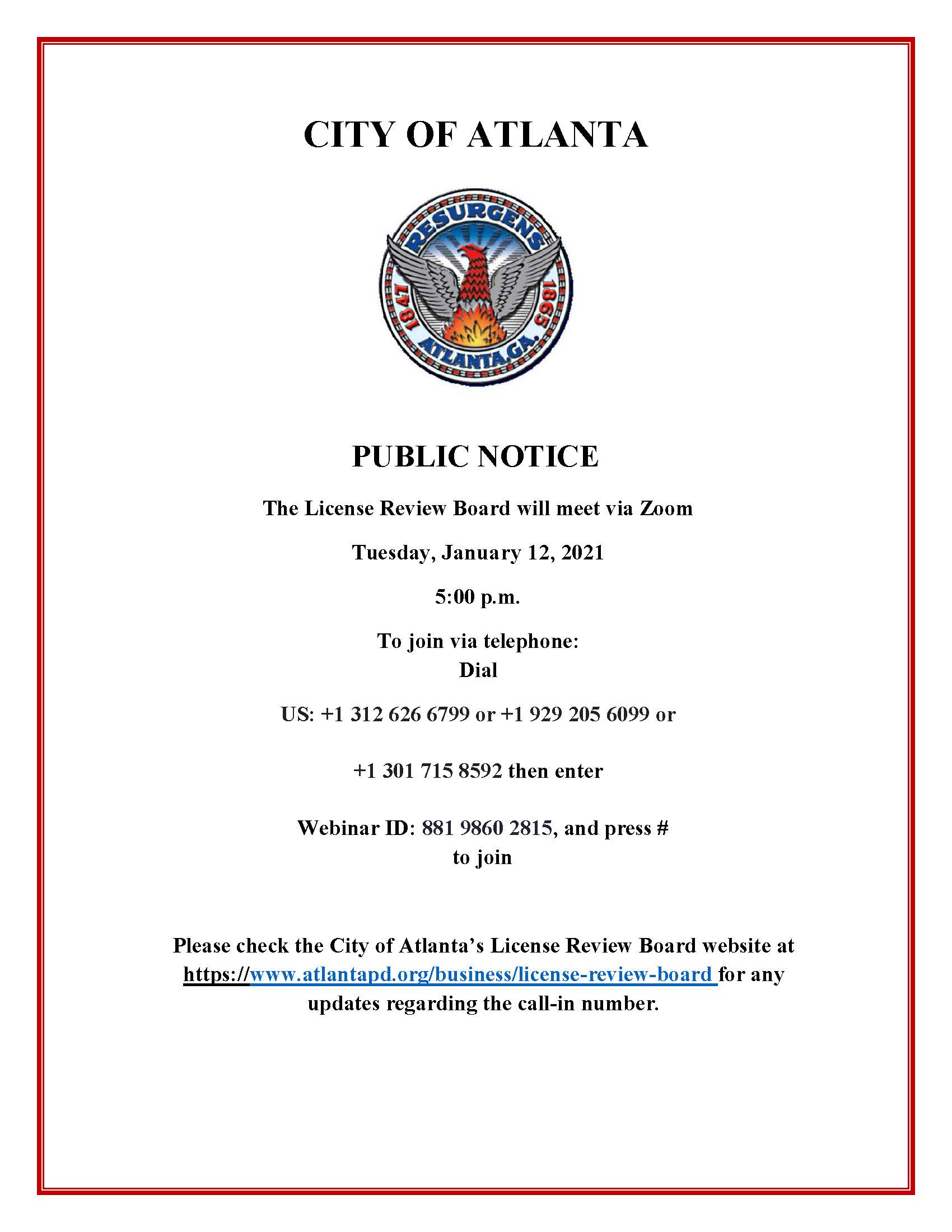 License Review Board Meeting Public Notice 1.12.2021