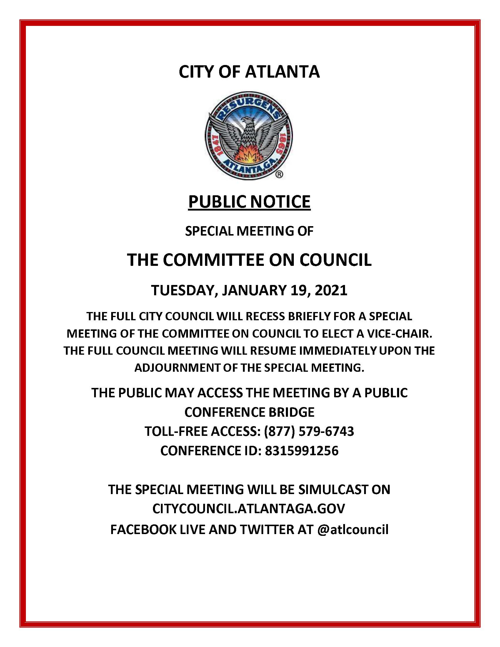 FINAL SPECIAL MEETING NOTICE Committee on Council 1-19-21