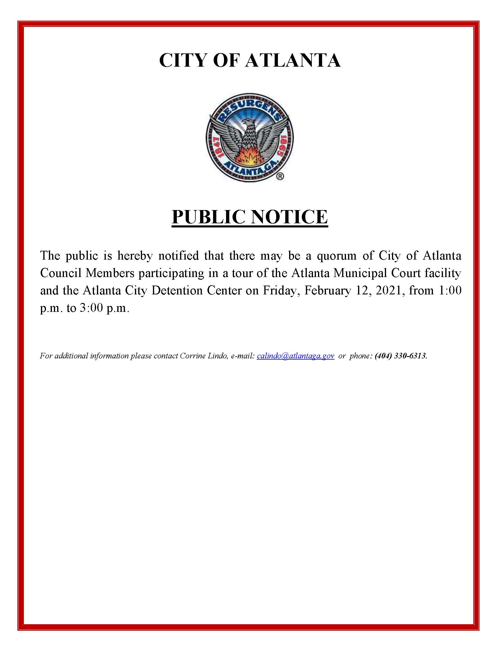 PUBLIC NOTICE OF POSSIBE QUORUM ACDC and Atl Municipal  Ct. Tour