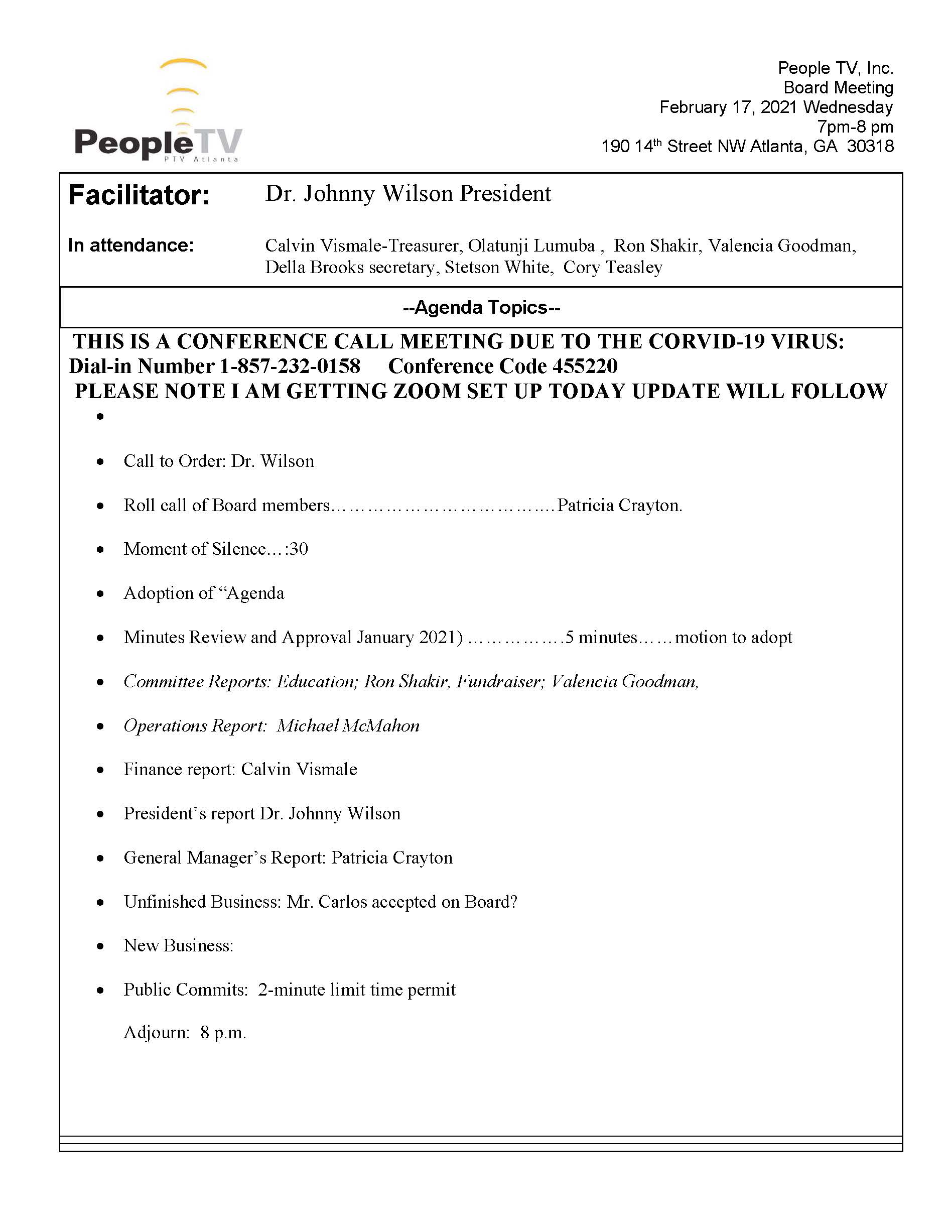 People TV Board Meeting -Agenda Feb. 17. 2021