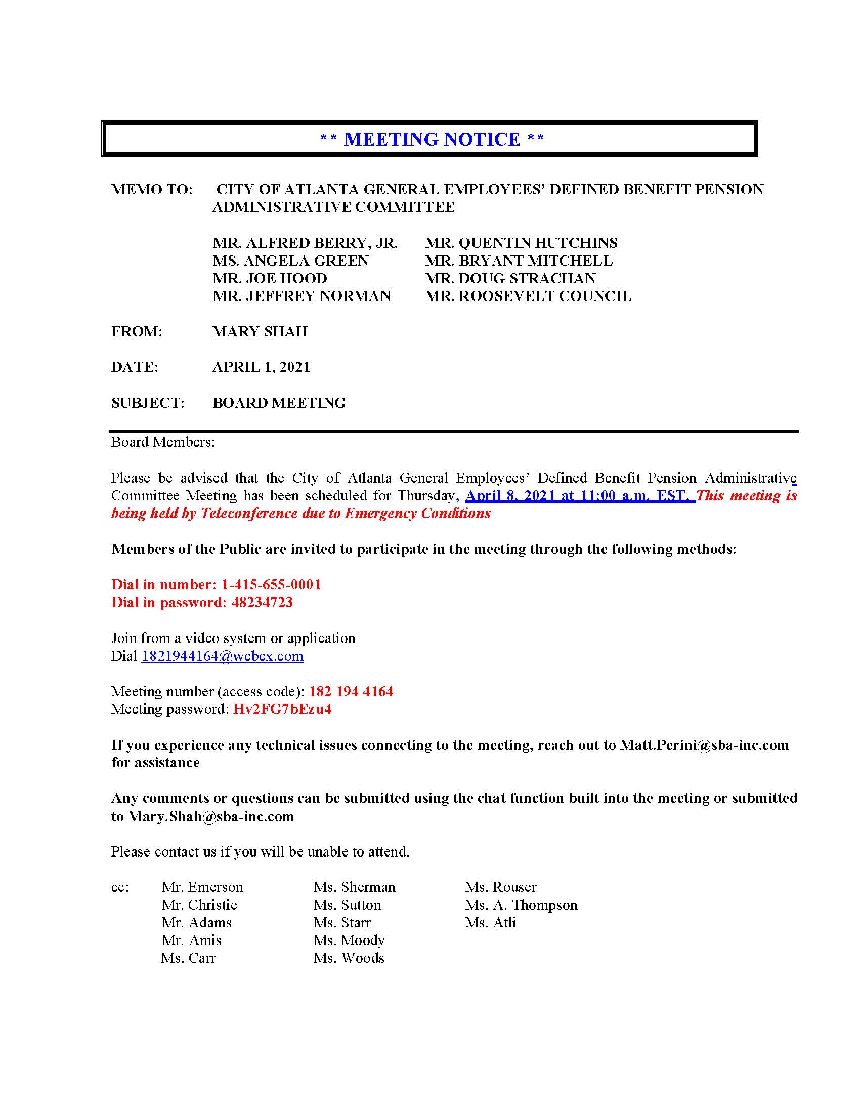 COA General Employees Defined Benefit Pension Meeting Notice 04.08.2021