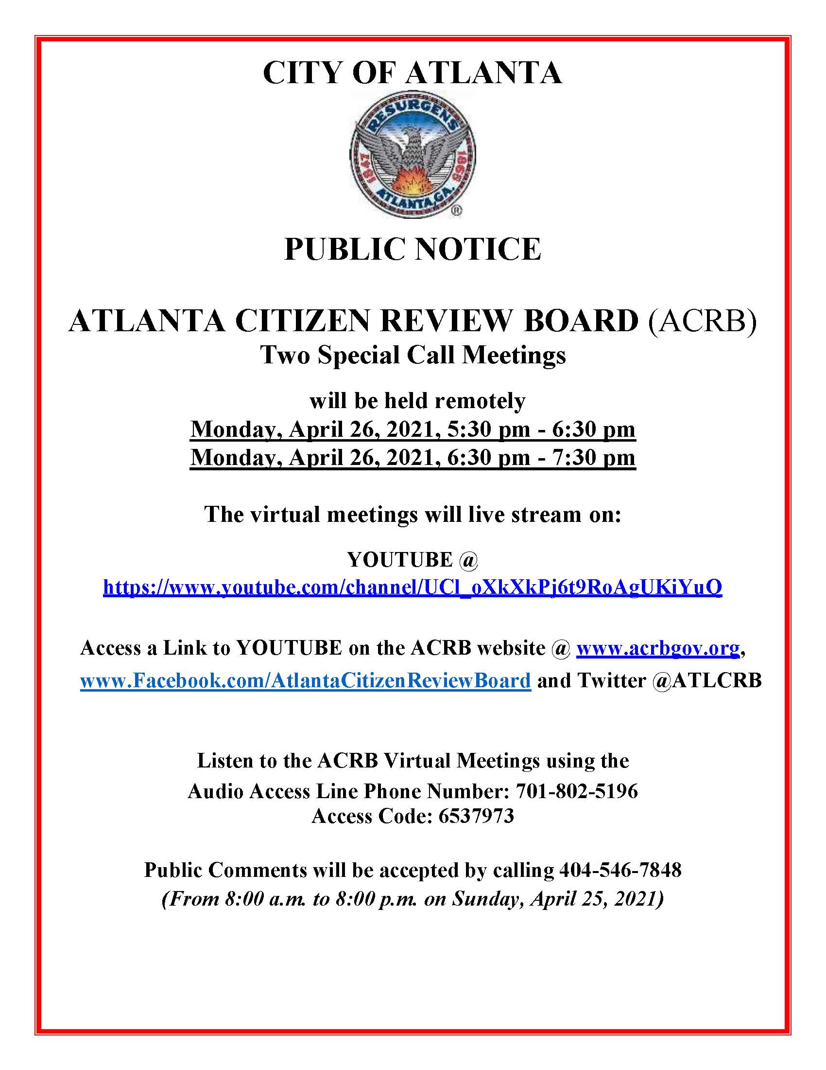 ACRB Public Notice Two Special Call Meetings April 26 2021