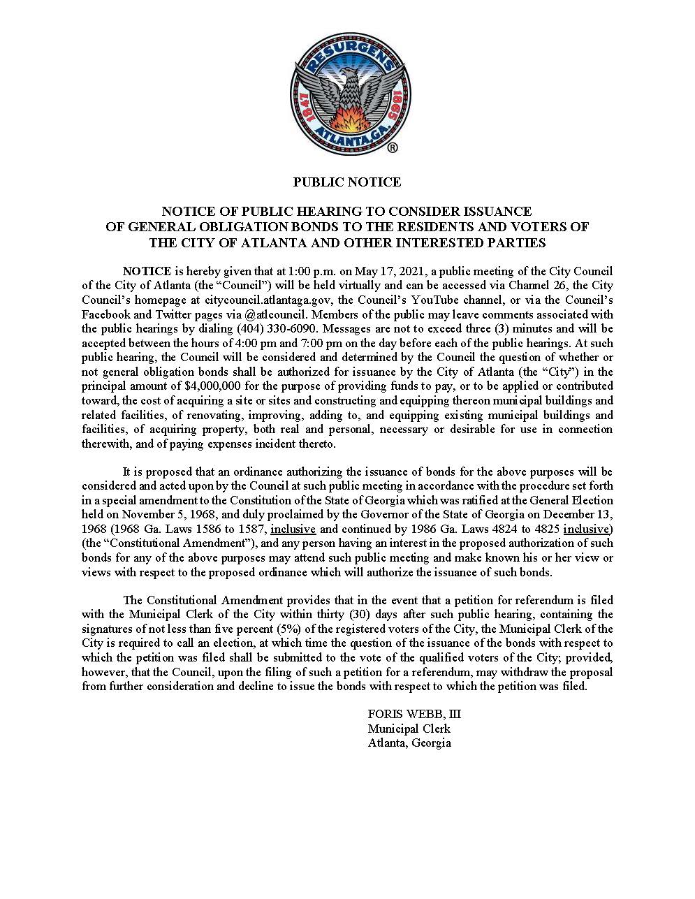 Notice of Public Hearing COA GO Bond 5.17.2021