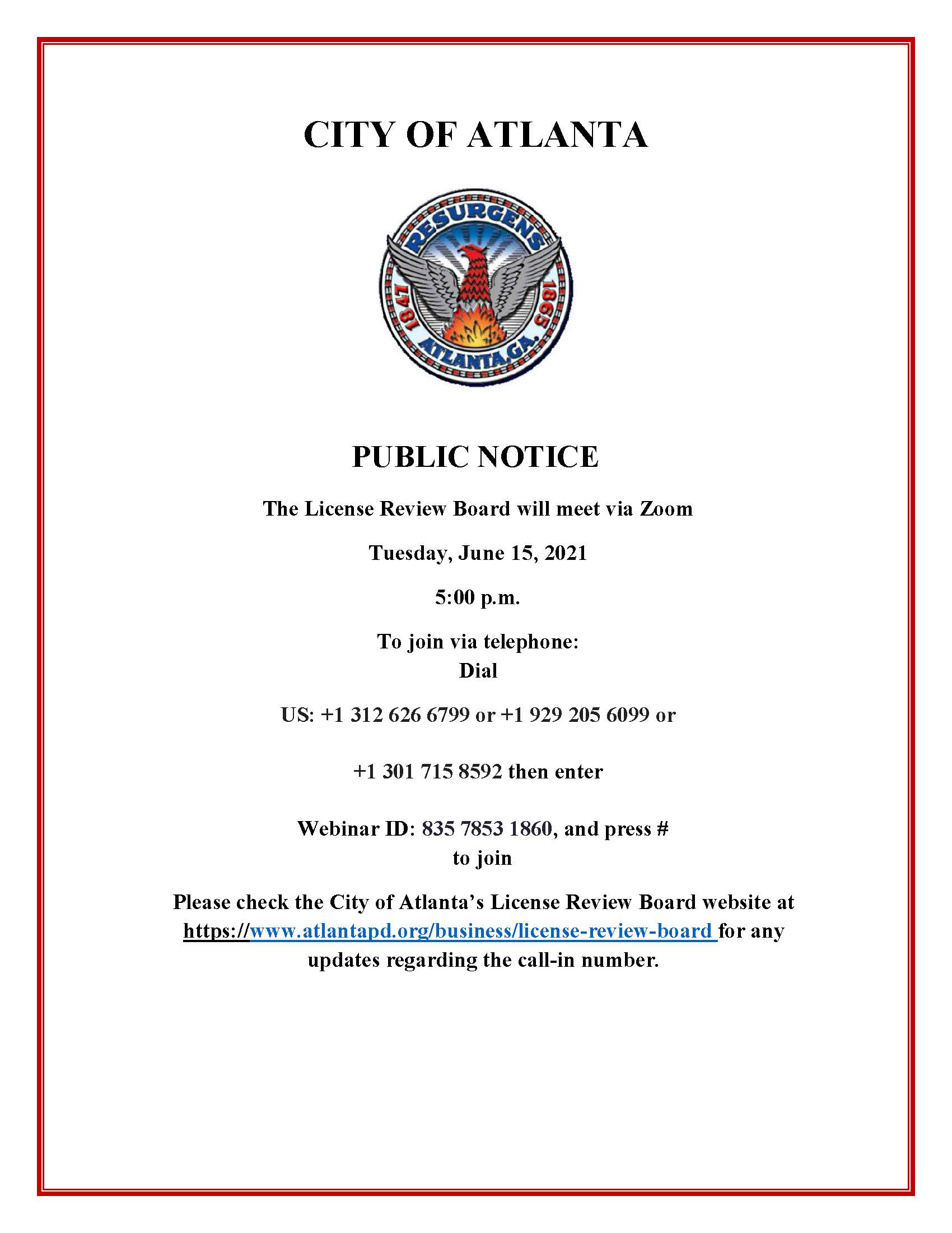 License Review Board Meeting Public Notice 6.15.2021