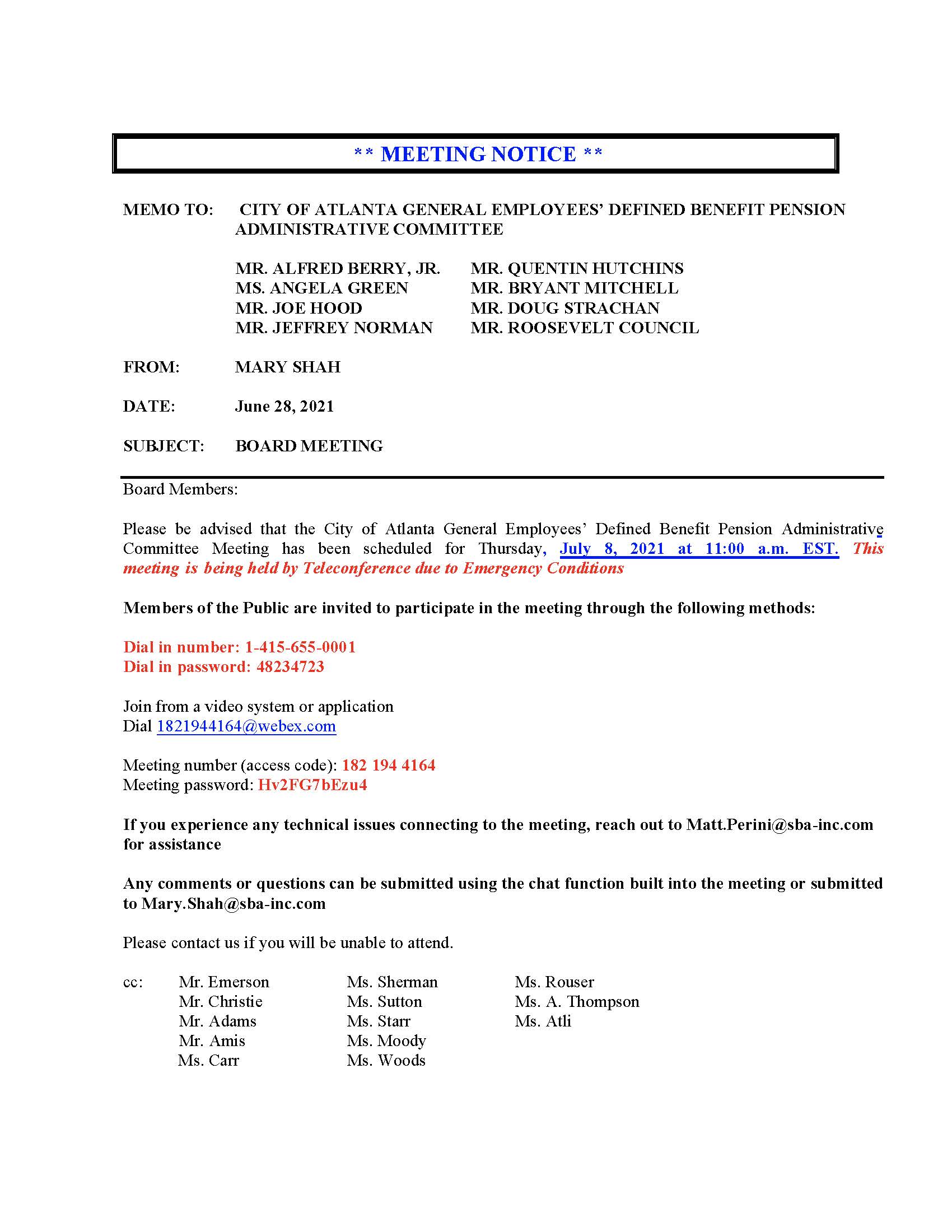 COA General Employees Defined Benefit Pension Meeting Notice 07.08.2021 Teleconference