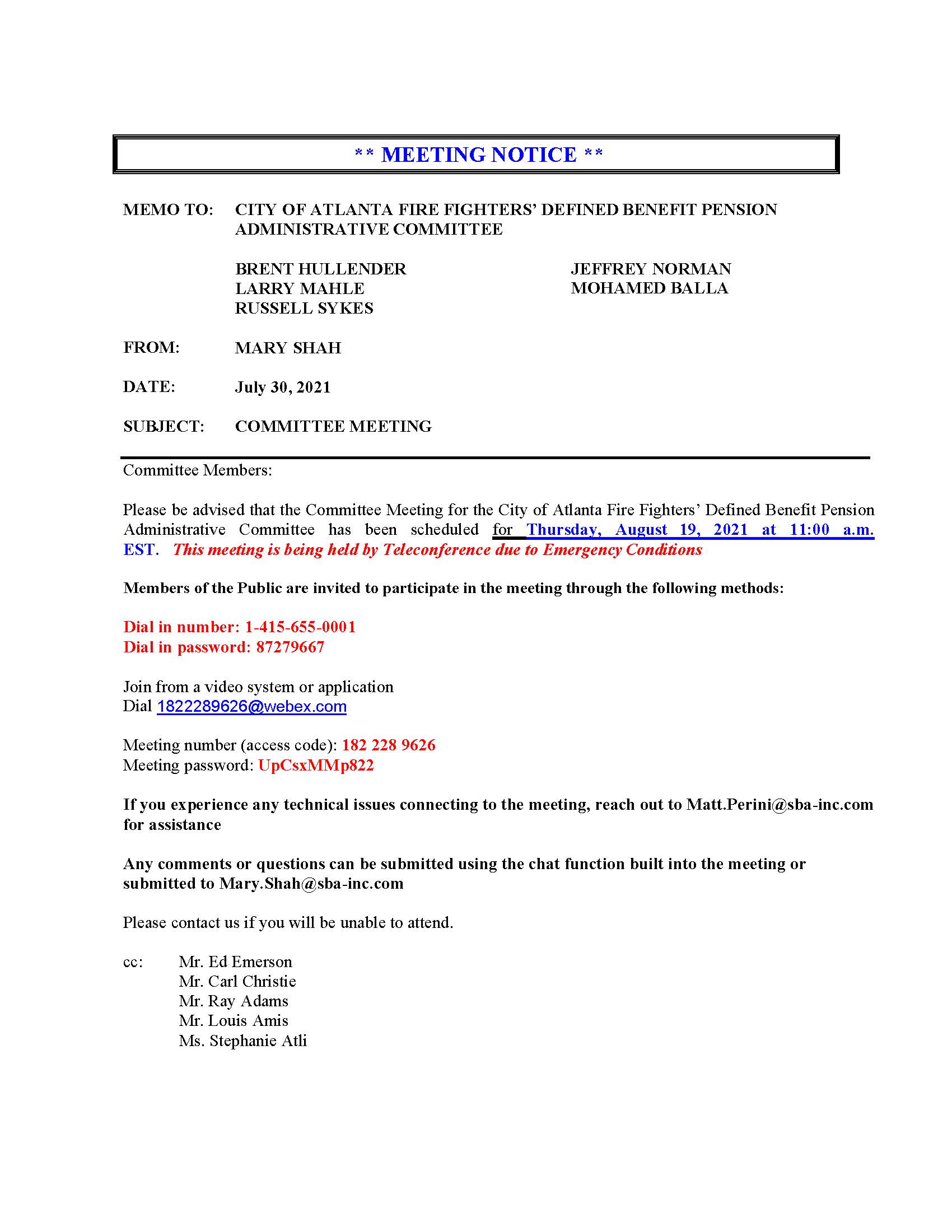 COAF - Meeting Notice 08.19.2021 Teleconference