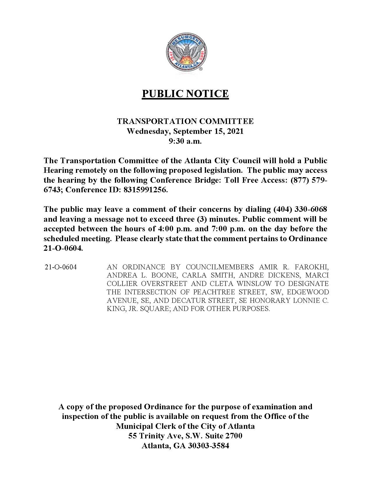 21-O-0604 (Honorary Lonnie C. King Jr. Intersection) Public Notice CORRECTED