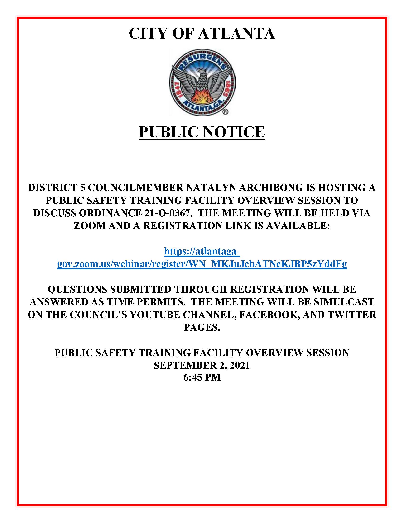 Public Notice - Public Safety Training Facility Overview Session - 9-2-21