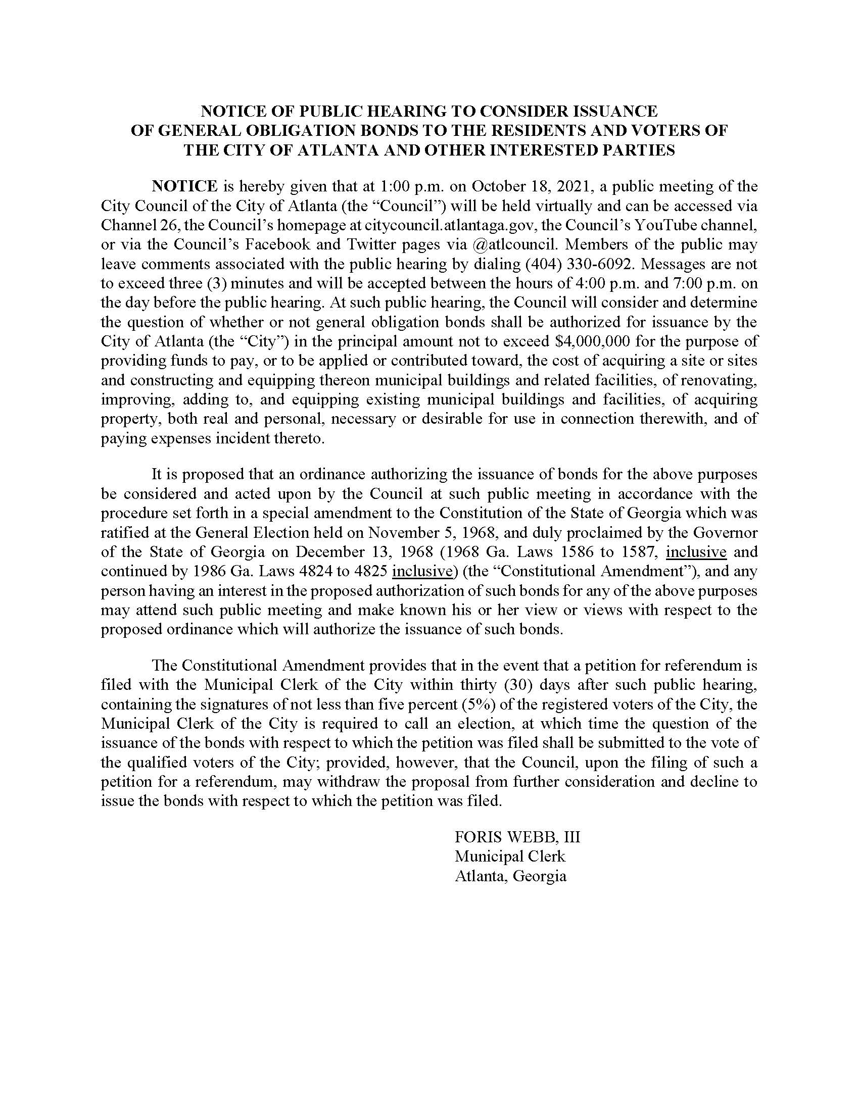 Public Hearing - Issuance of Annual Series 2021B G.O. Bonds 10.18.2021