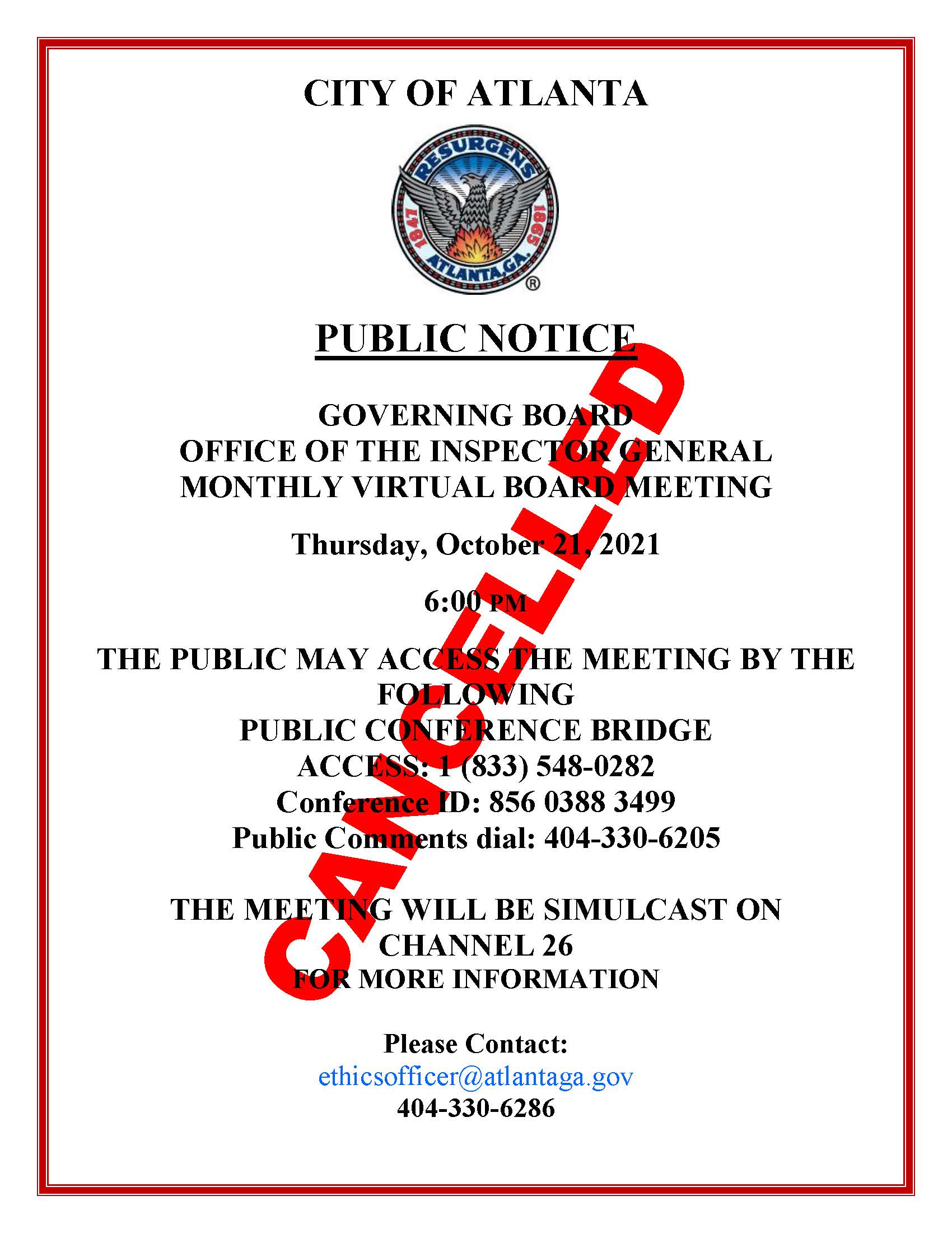 CANCELLED Governing Board of the Inspector General Meeting Public Notice 10.21.21