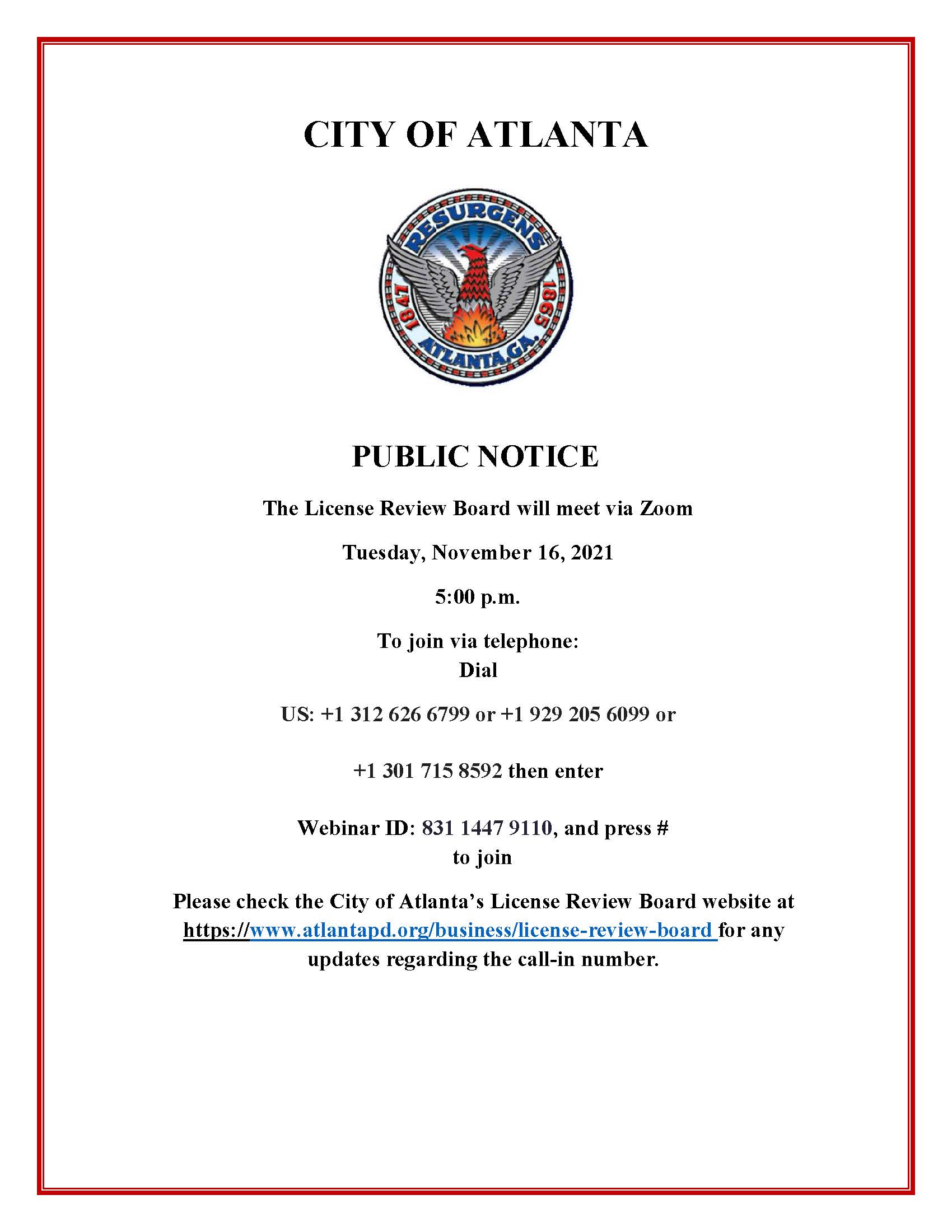 License Review Board Meeting Public Notice 11.16.2021