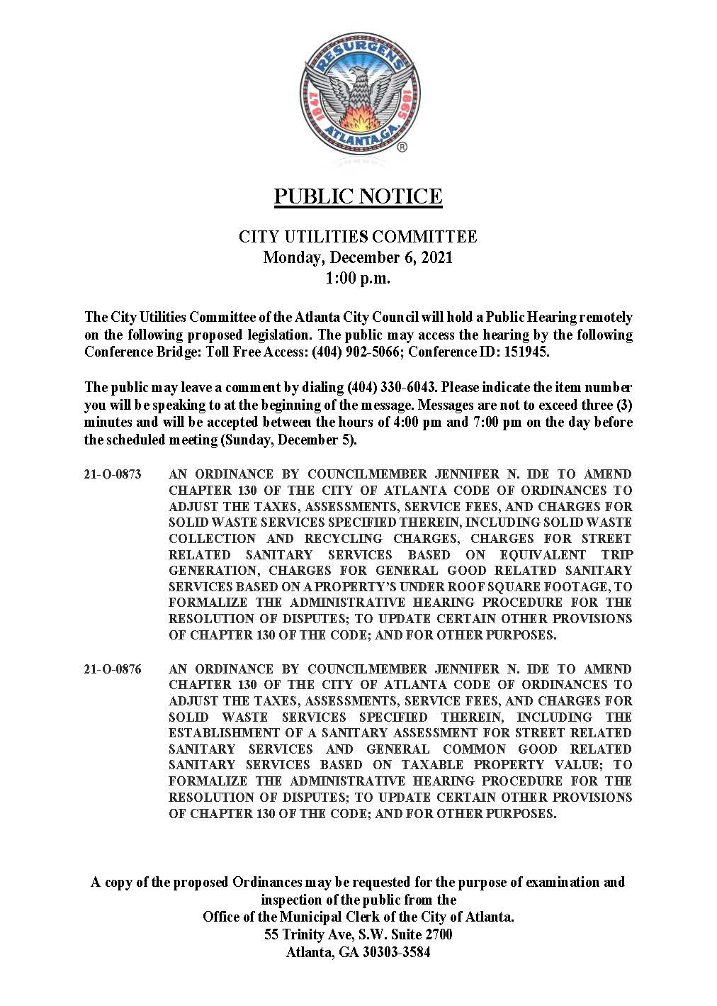 Full Council Public Notice - Solid Waste Ordinances (21-O-0873  21-O-0876)