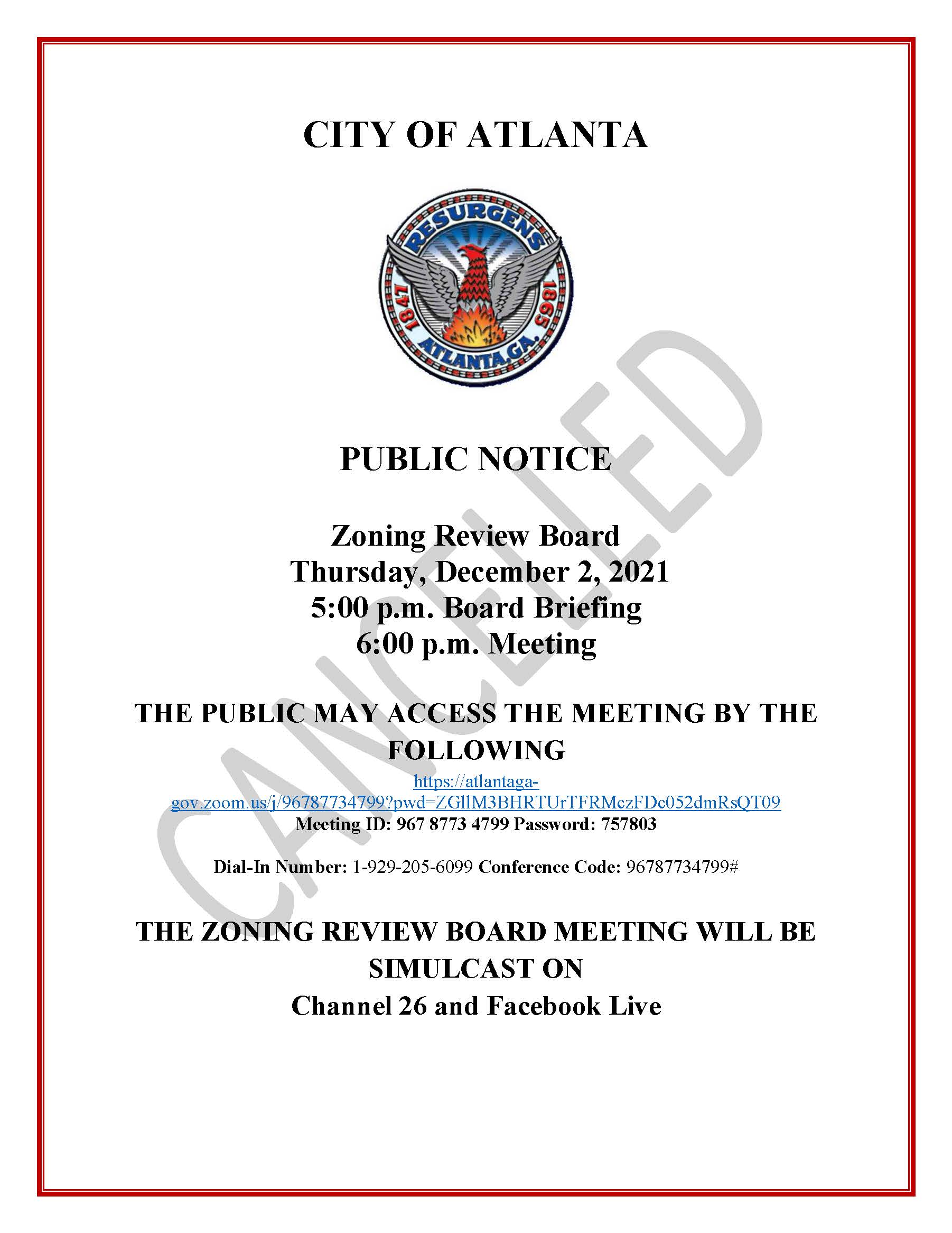 Zoning Review Board Public Notice - December 2 2021 - Cancellation