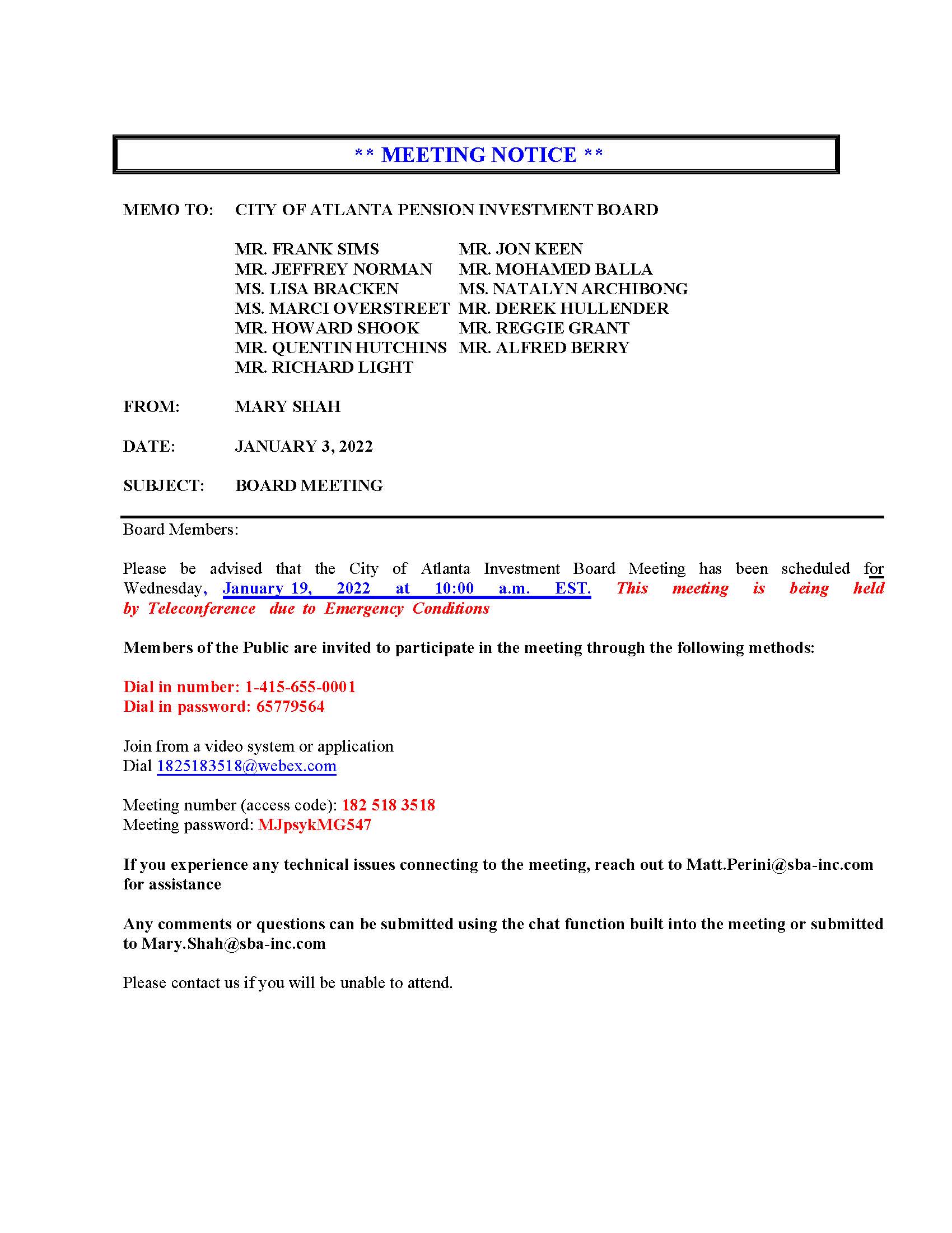 COA IB - Meeting Notice 1.19.2022 Teleconference