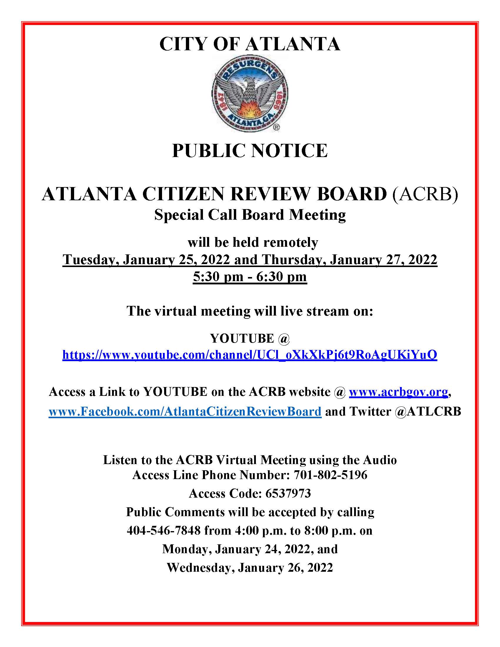 ACRB Public Notice Two Special Call Meetings January 25 and 27 2022