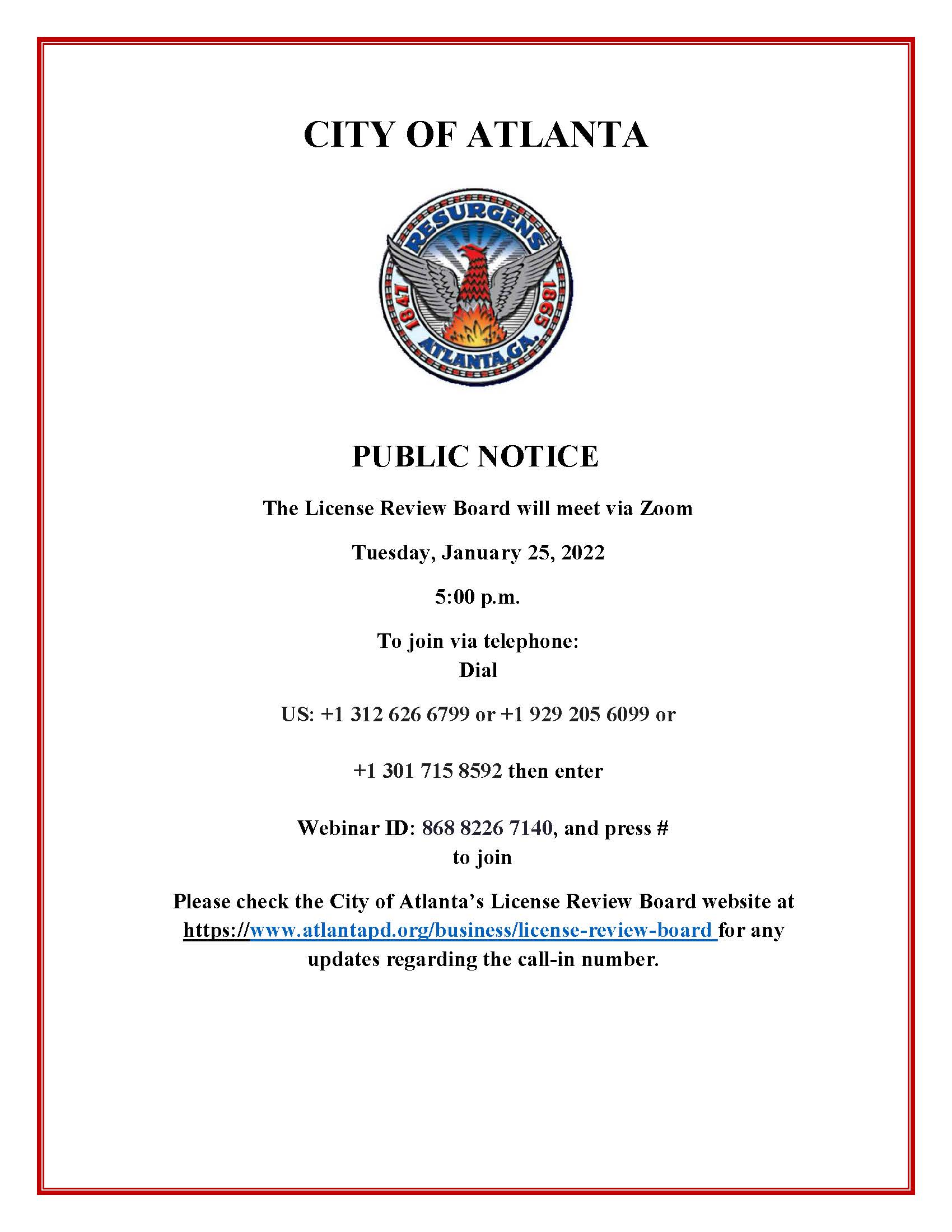 License Review Board Meeting Public Notice 1.25.2022