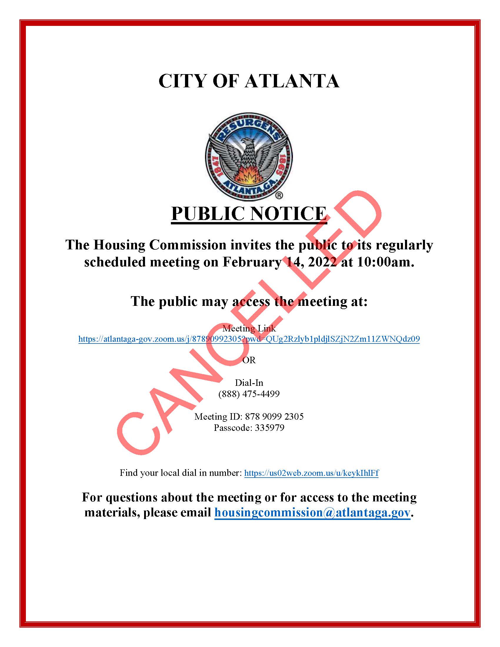 CANCELLED HousingCommission Cancel Notice 021422