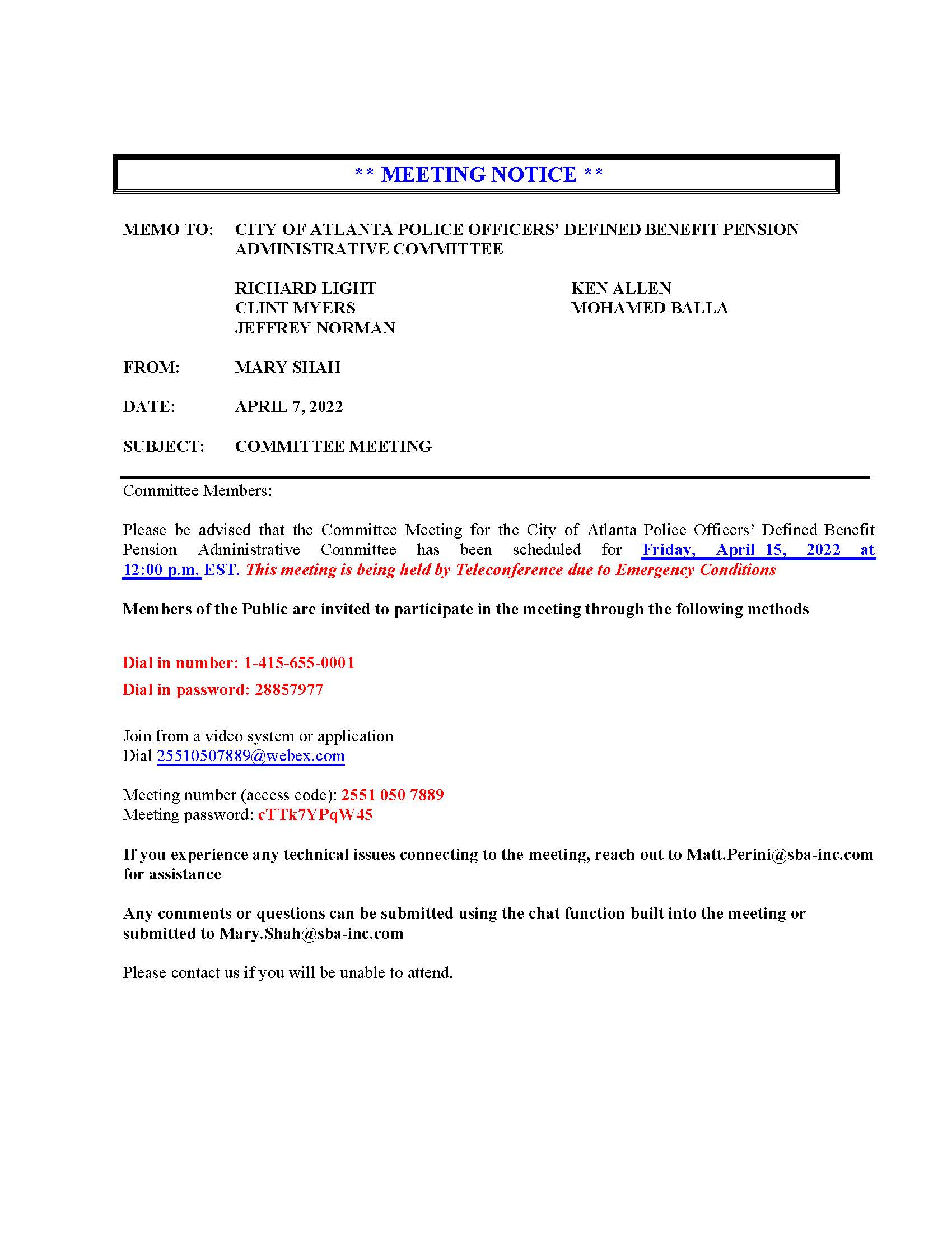 COAP - Meeting Notice 4.15.2022 Teleconference