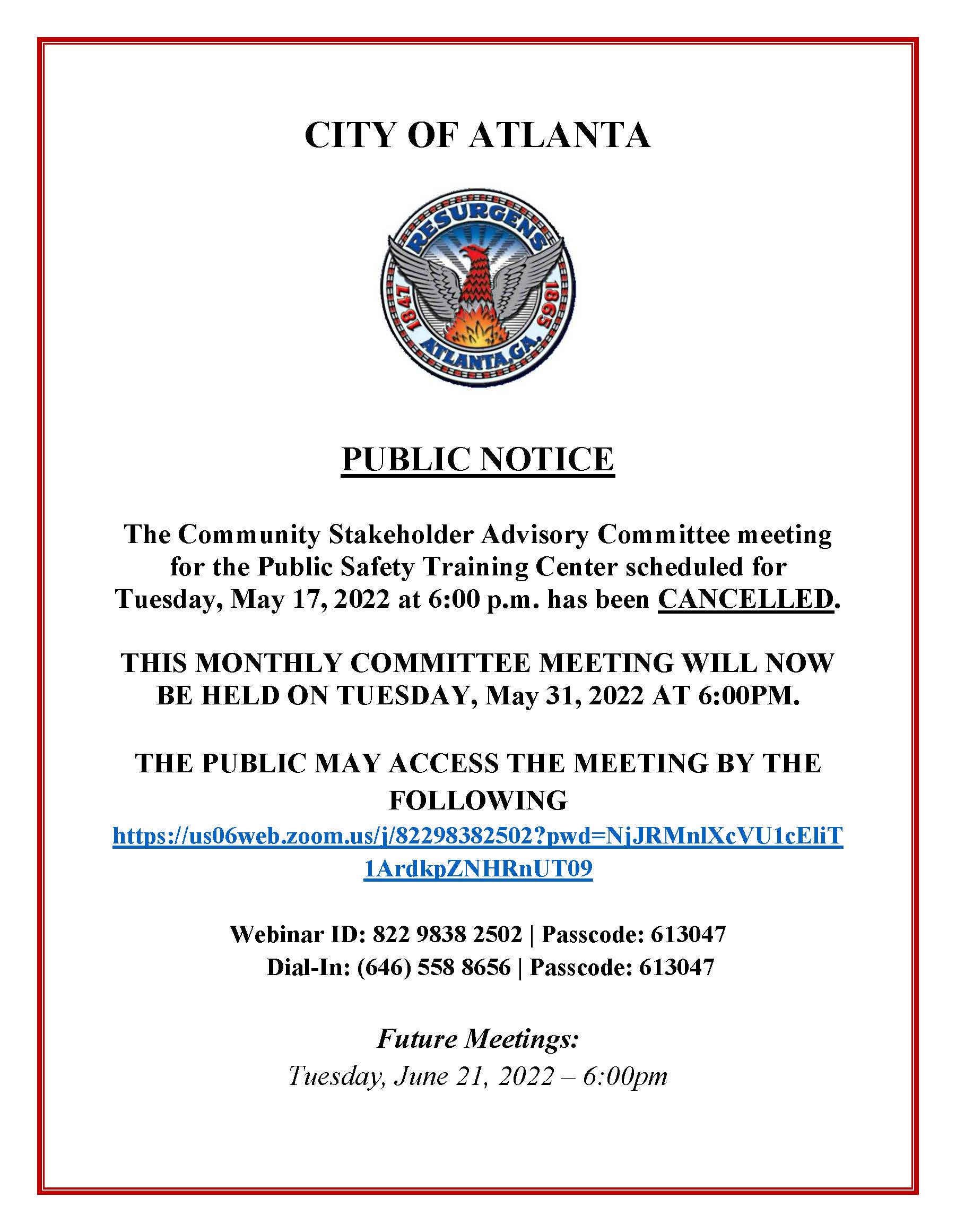 Public Notice Community Stakeholder Advisory Committee May.17.2022 Cancellation-new date 5.31.2022