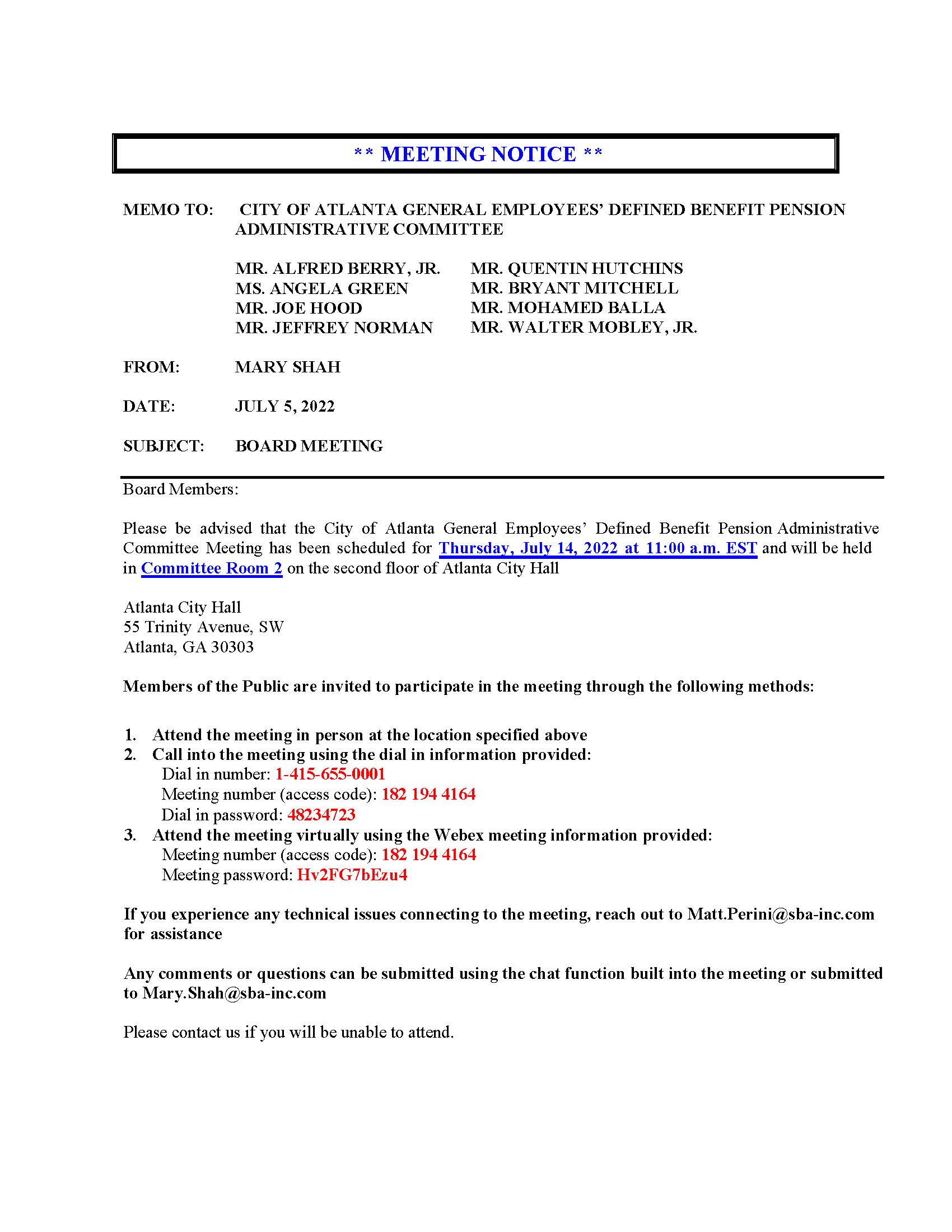 COAGeneral Employees DB Pension- Meeting Notice 7.14.2022 Teleconference