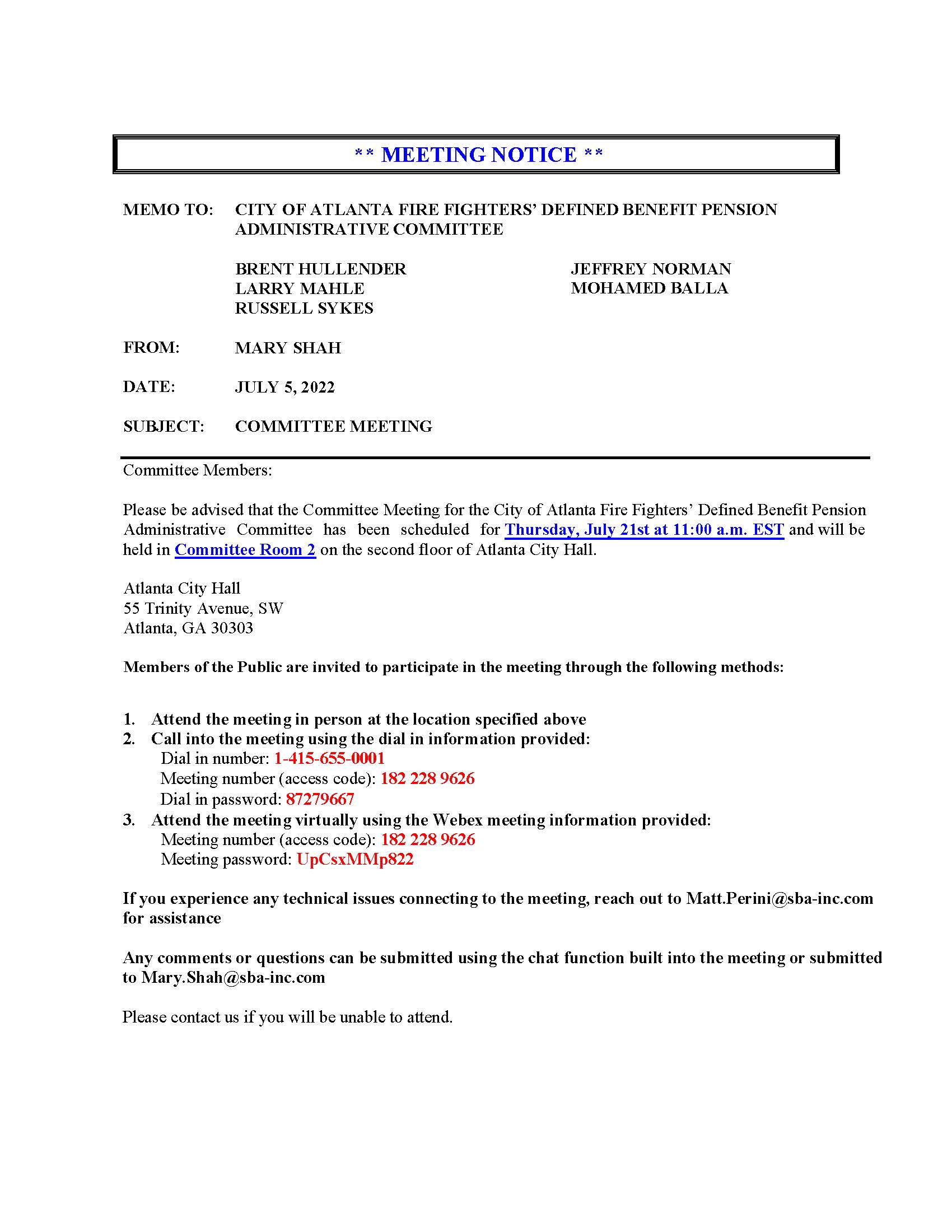 COAF - Meeting Notice 7.21.2022 Teleconference