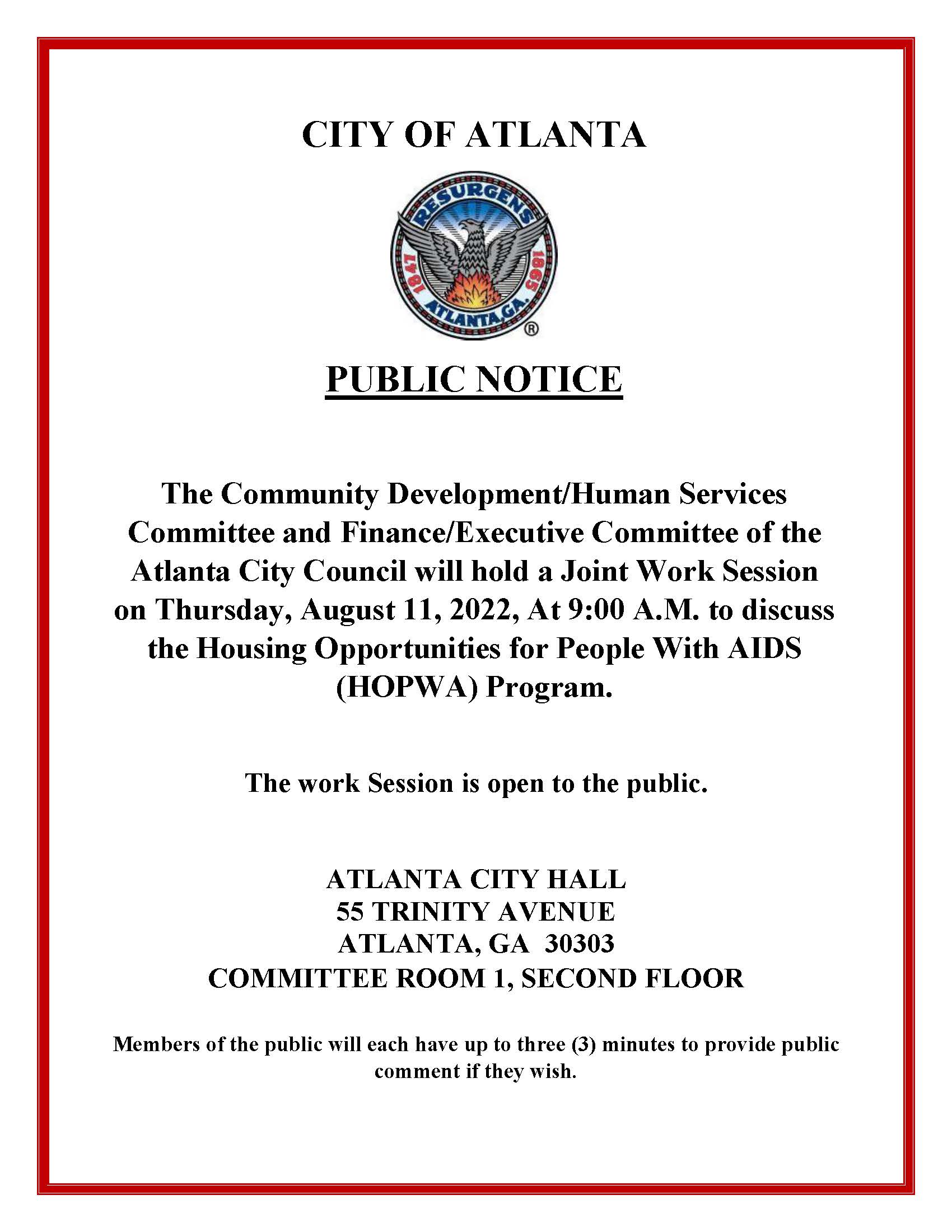 Public Notice - CDHS-FEC Work Session HOPWA 8.11.2022