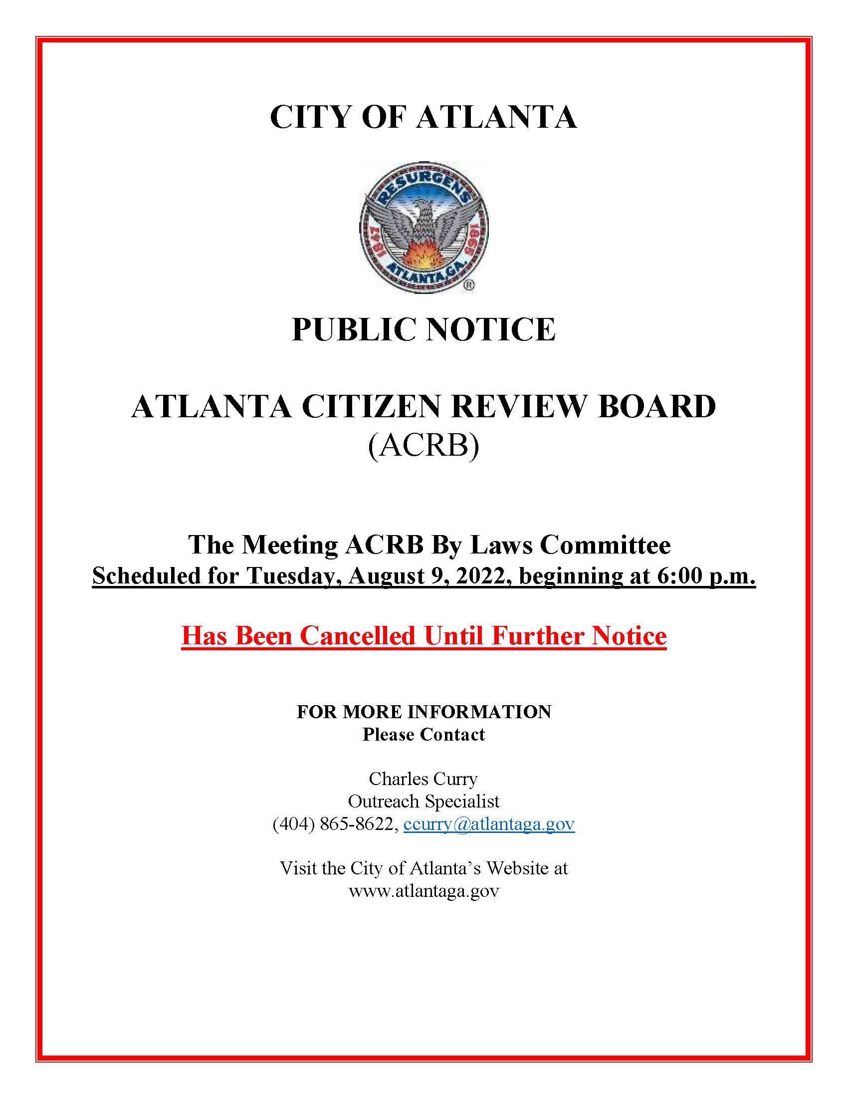 ACRB Public Notice_By Law Cmte. Cancellation_Tuesday August 9 2022_