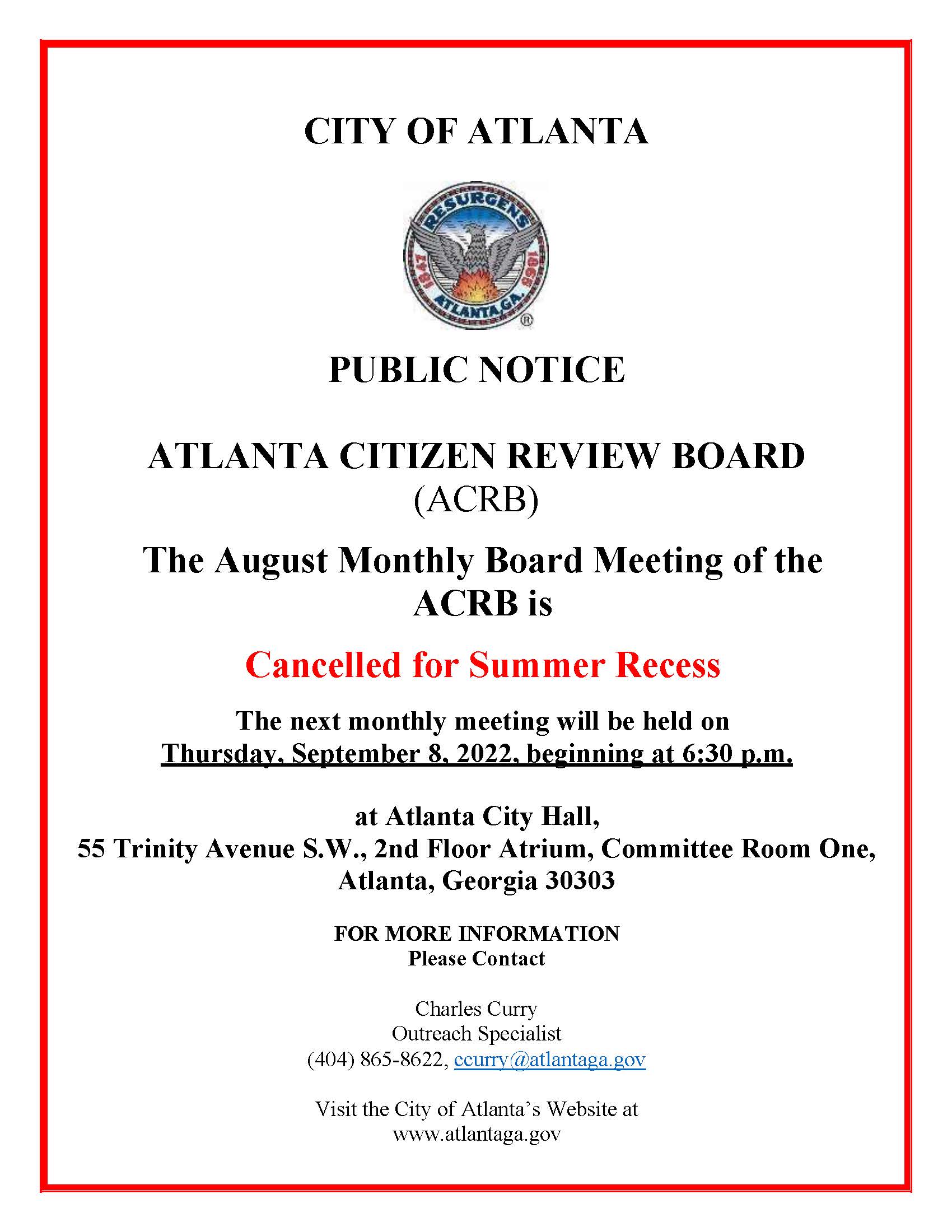 ACRB Public Notice August 2022  Monthly Board Meeting Cancellation 9.08.2022