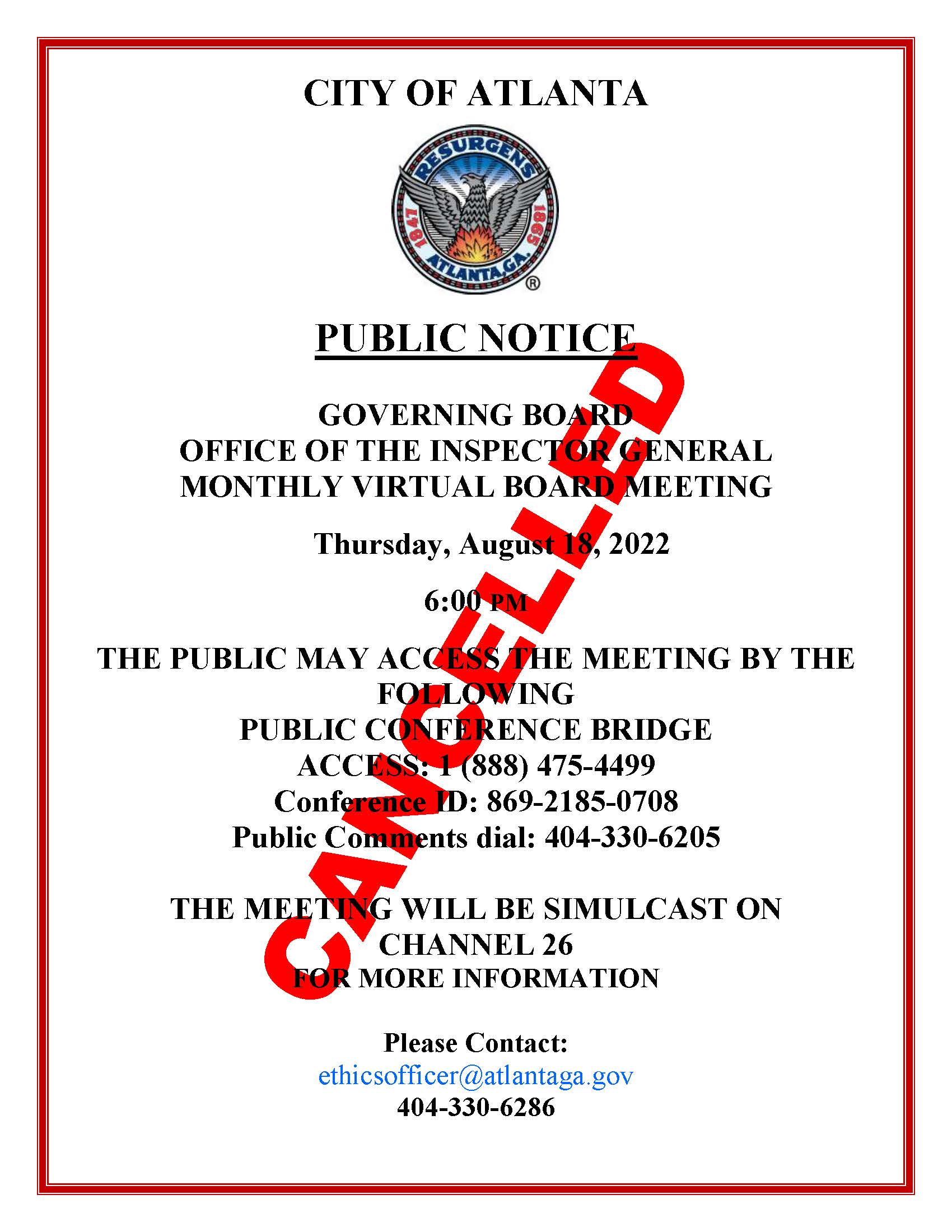 Monthly Virtual Board Meeting Public Notice 081822